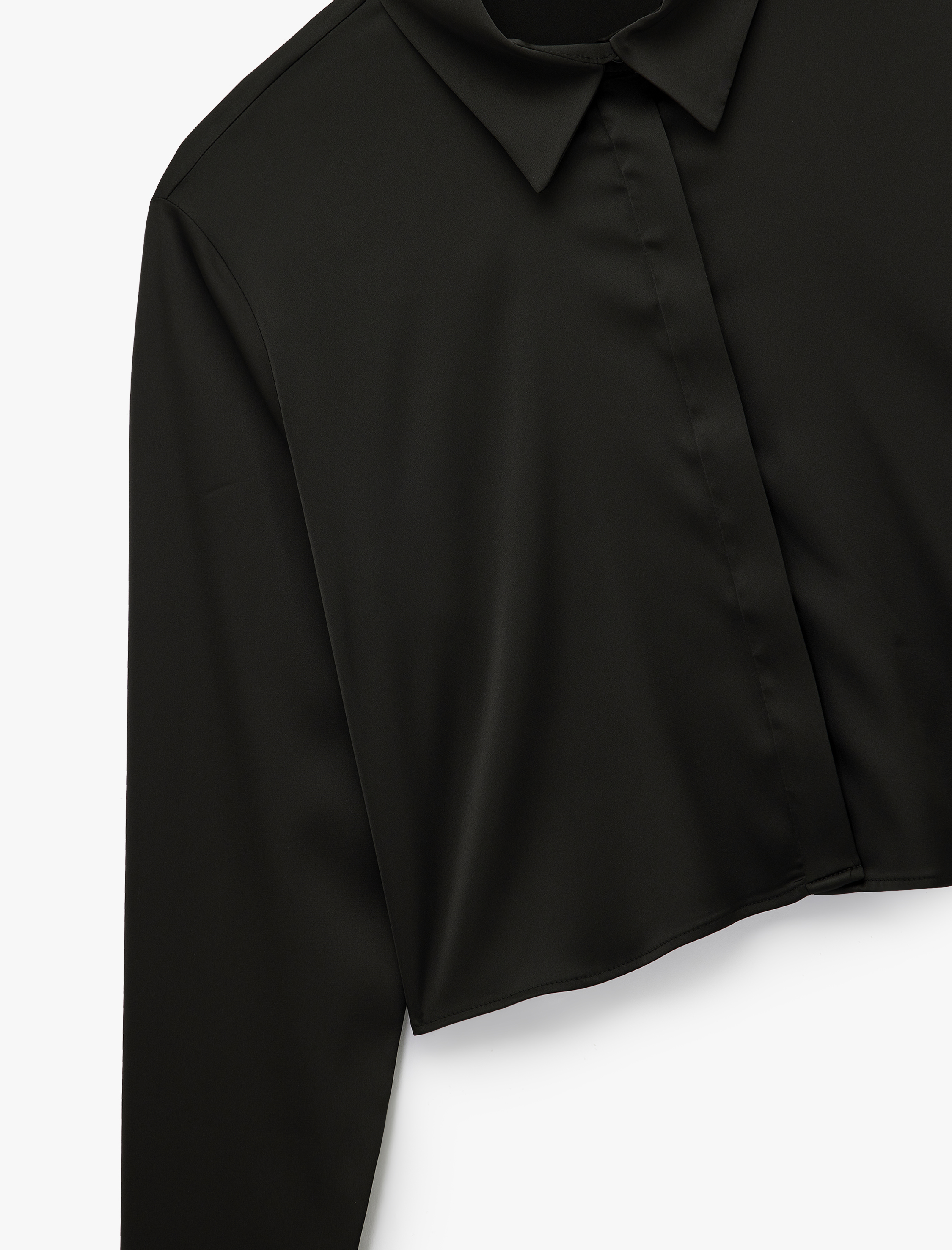   Uzun Kollu Klasik Yaka Crop Saten Gömlek