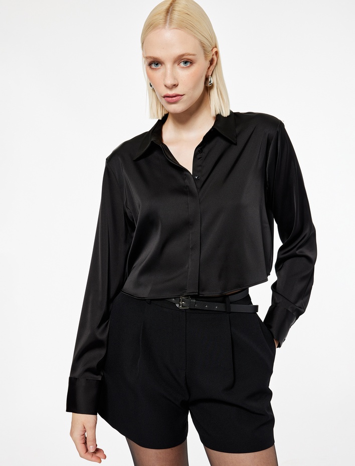  Uzun Kollu Klasik Yaka Crop Saten Gömlek