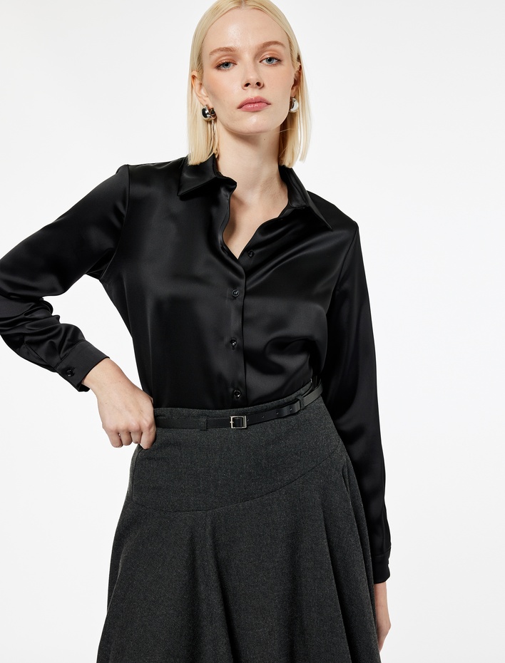  Klasik Yaka Uzun Kollu Düğmeli Saten Gömlek