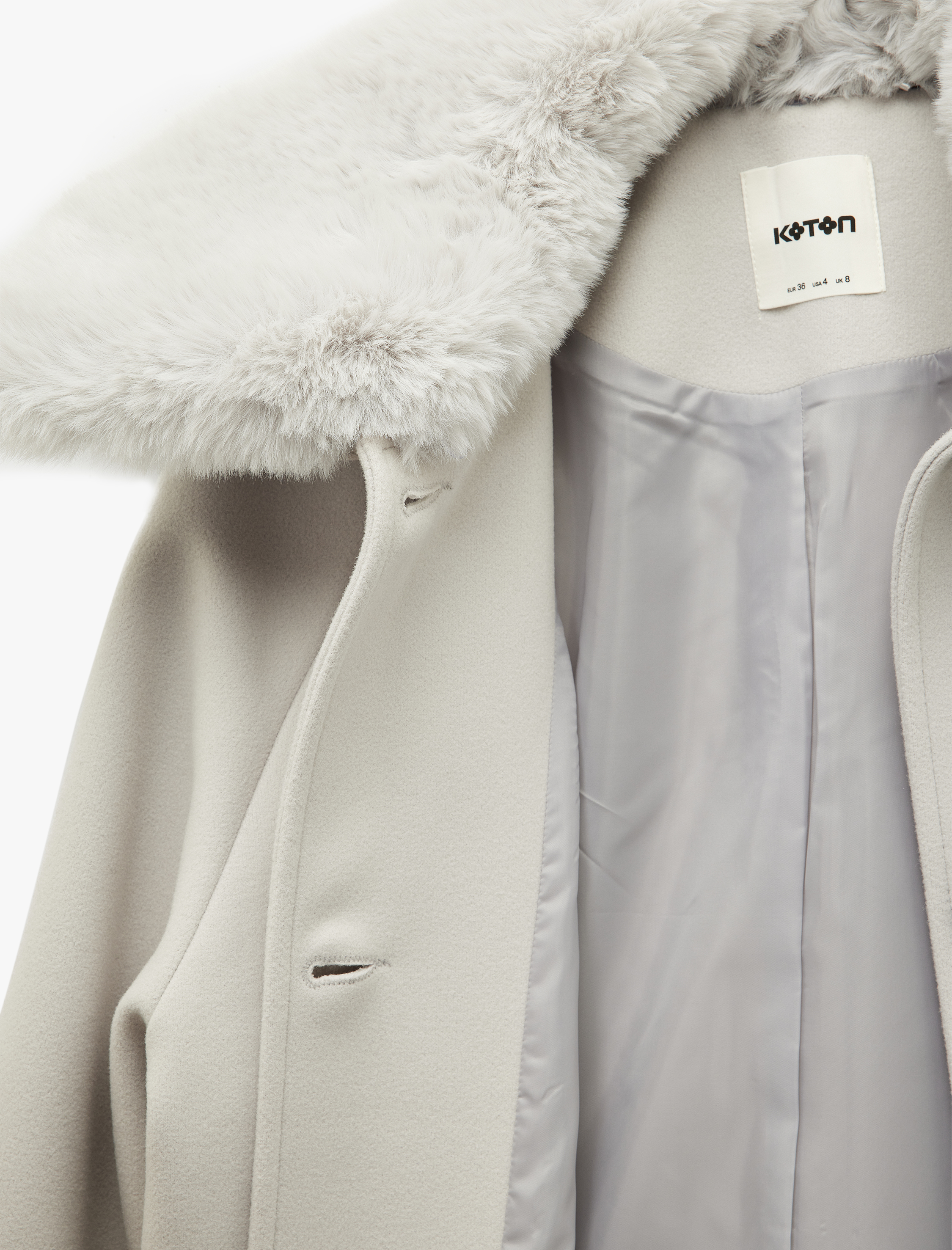   Uzun Kollu Cepli Düğmeli Çıkarılabilir Suni Kürk Yakalı Kaşe Kaban