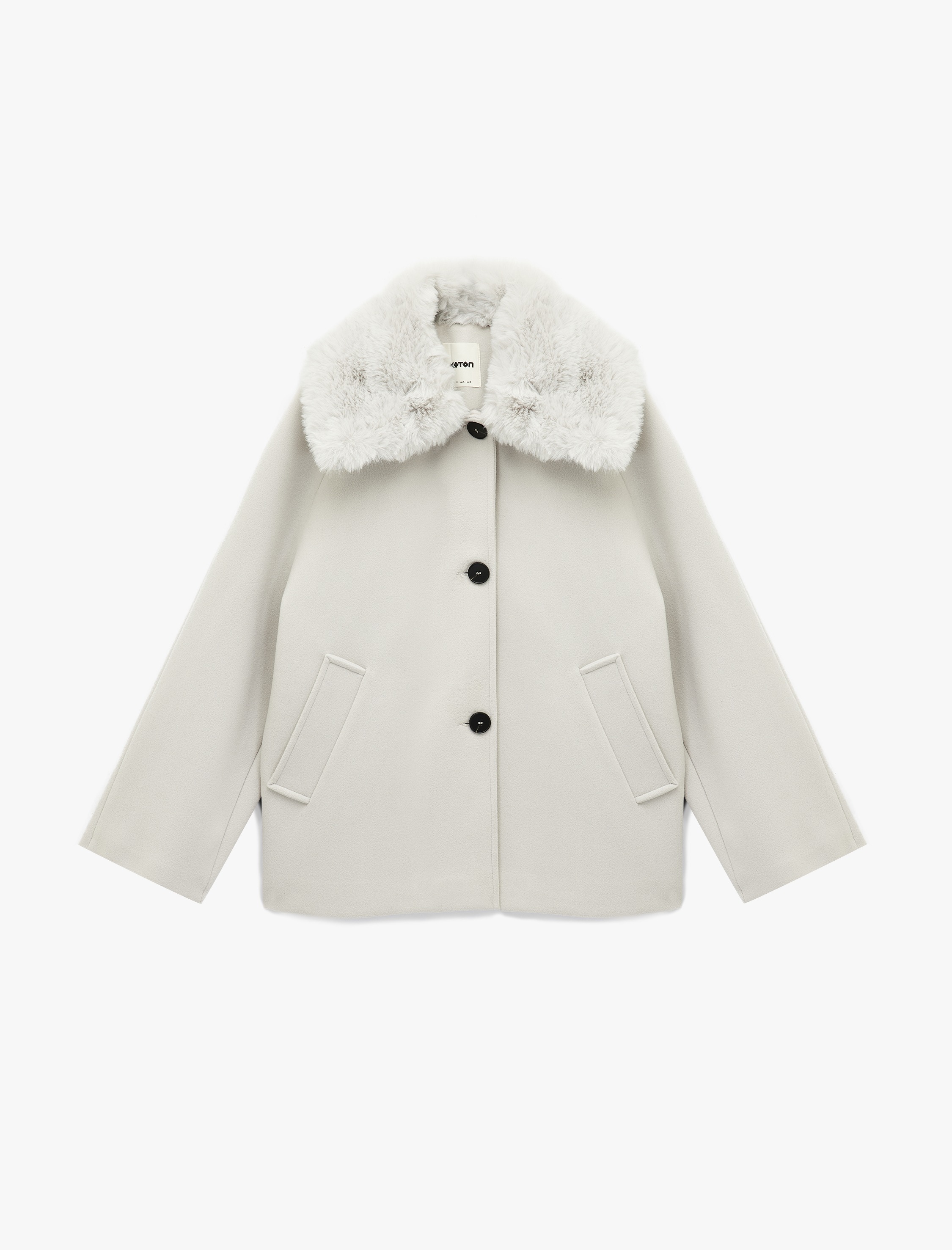   Uzun Kollu Cepli Düğmeli Çıkarılabilir Suni Kürk Yakalı Kaşe Kaban