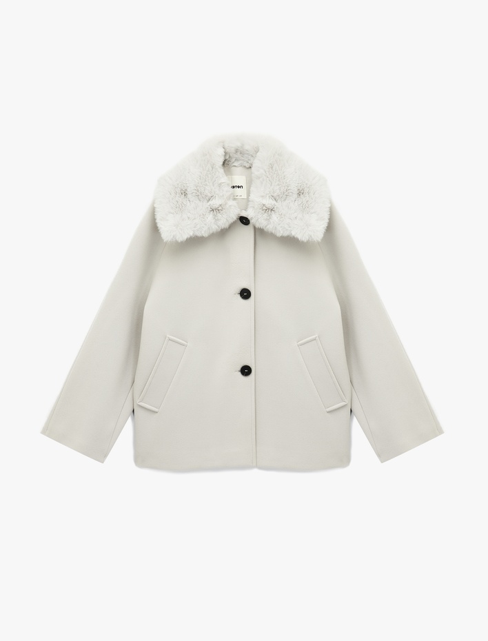  Uzun Kollu Cepli Düğmeli Çıkarılabilir Suni Kürk Yakalı Kaşe Kaban