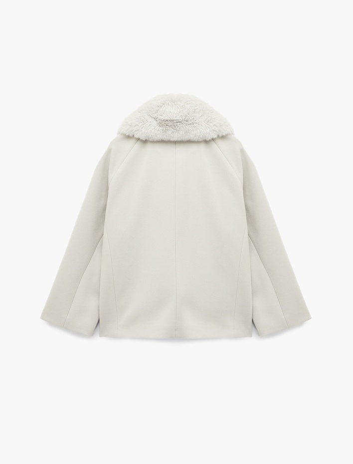  Uzun Kollu Cepli Düğmeli Çıkarılabilir Suni Kürk Yakalı Kaşe Kaban