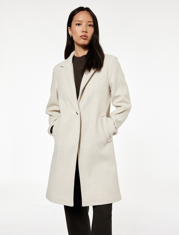  Uzun Kollu Düğmeli Cepli Kruvaze Uzun Kaşe Kaban