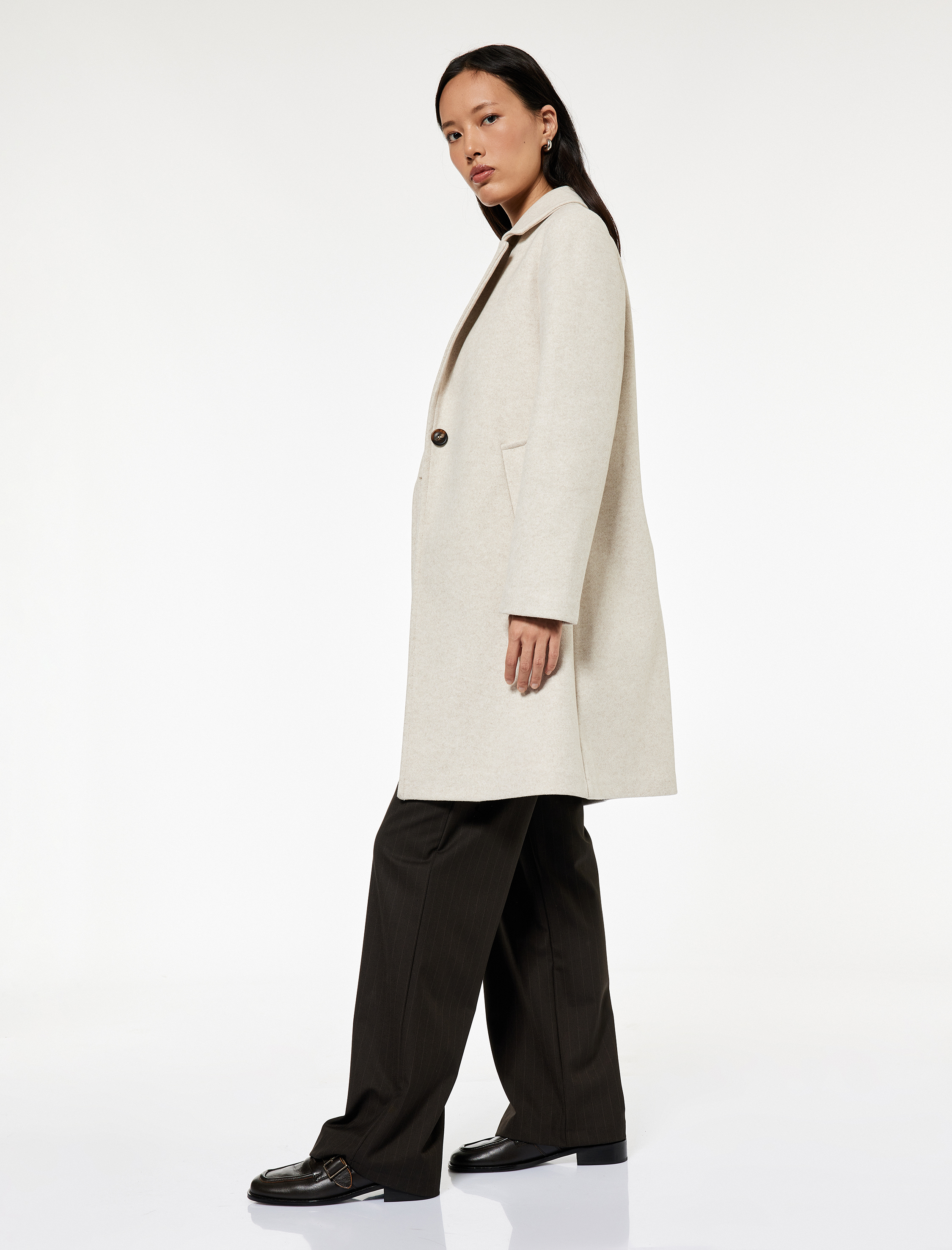   Uzun Kollu Düğmeli Cepli Kruvaze Uzun Kaşe Kaban