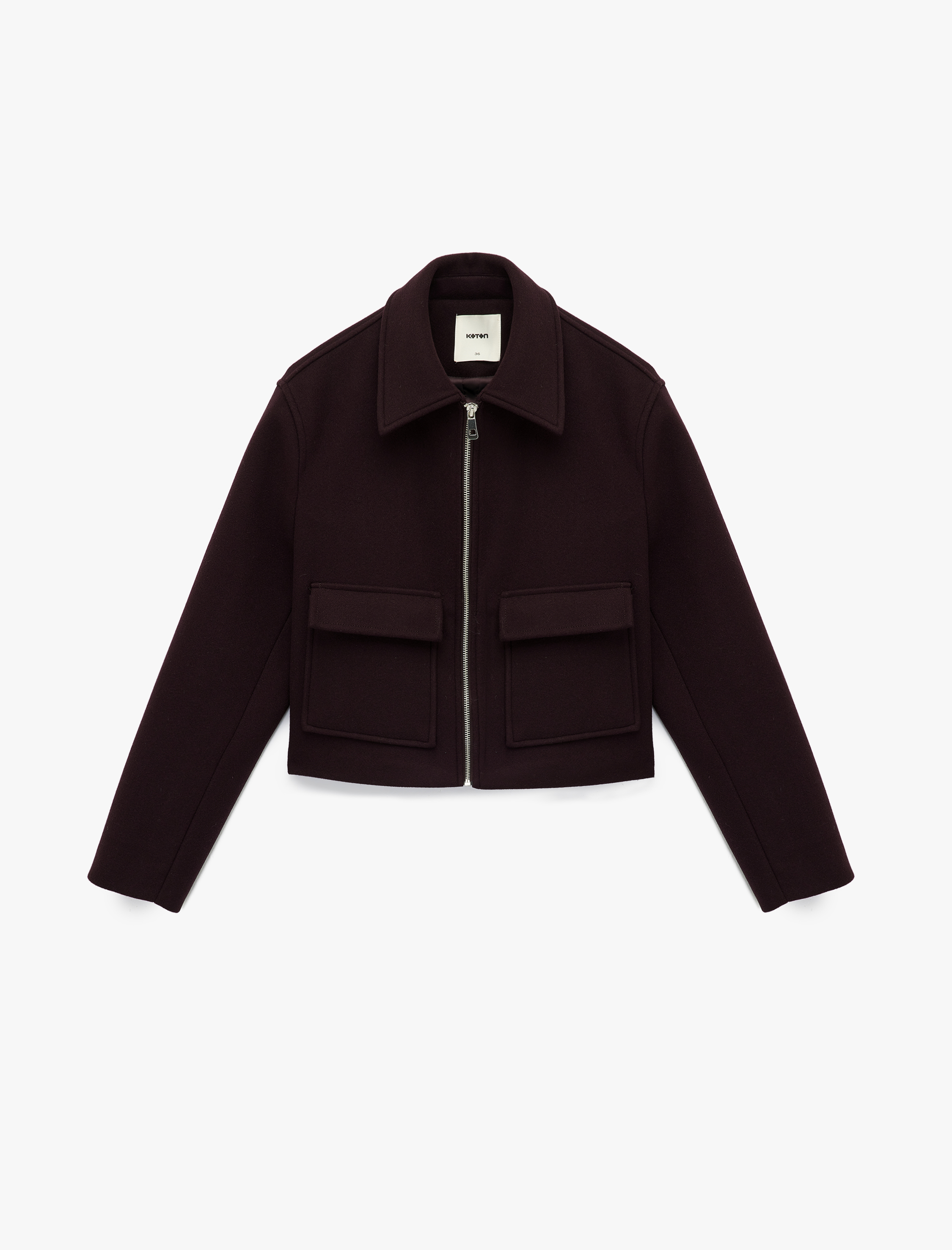   Uzun Kollu Cepli Fermuarlı Kısa Kaşe Mont