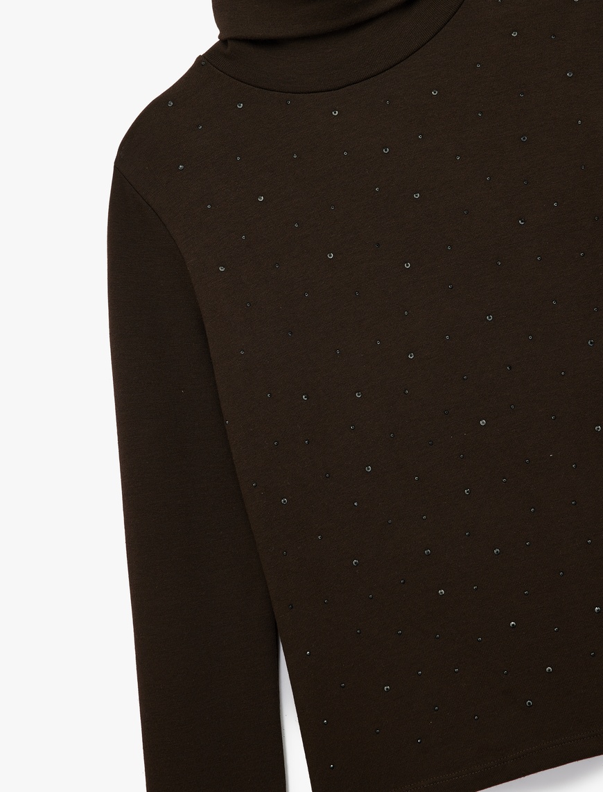   Slim Fit Boncuk İşleme Detaylı Uzun Kollu Balıkçı Yaka Tişört
