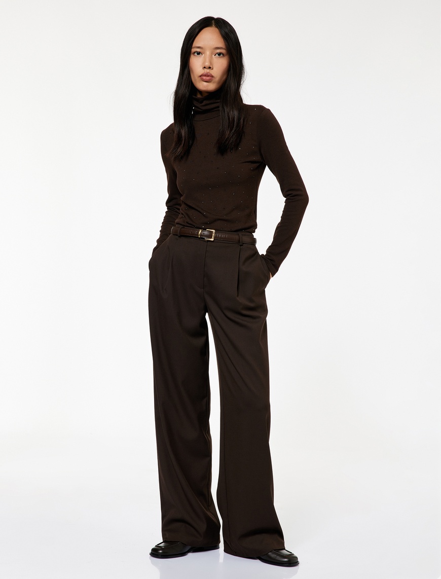   Slim Fit Boncuk İşleme Detaylı Uzun Kollu Balıkçı Yaka Tişört