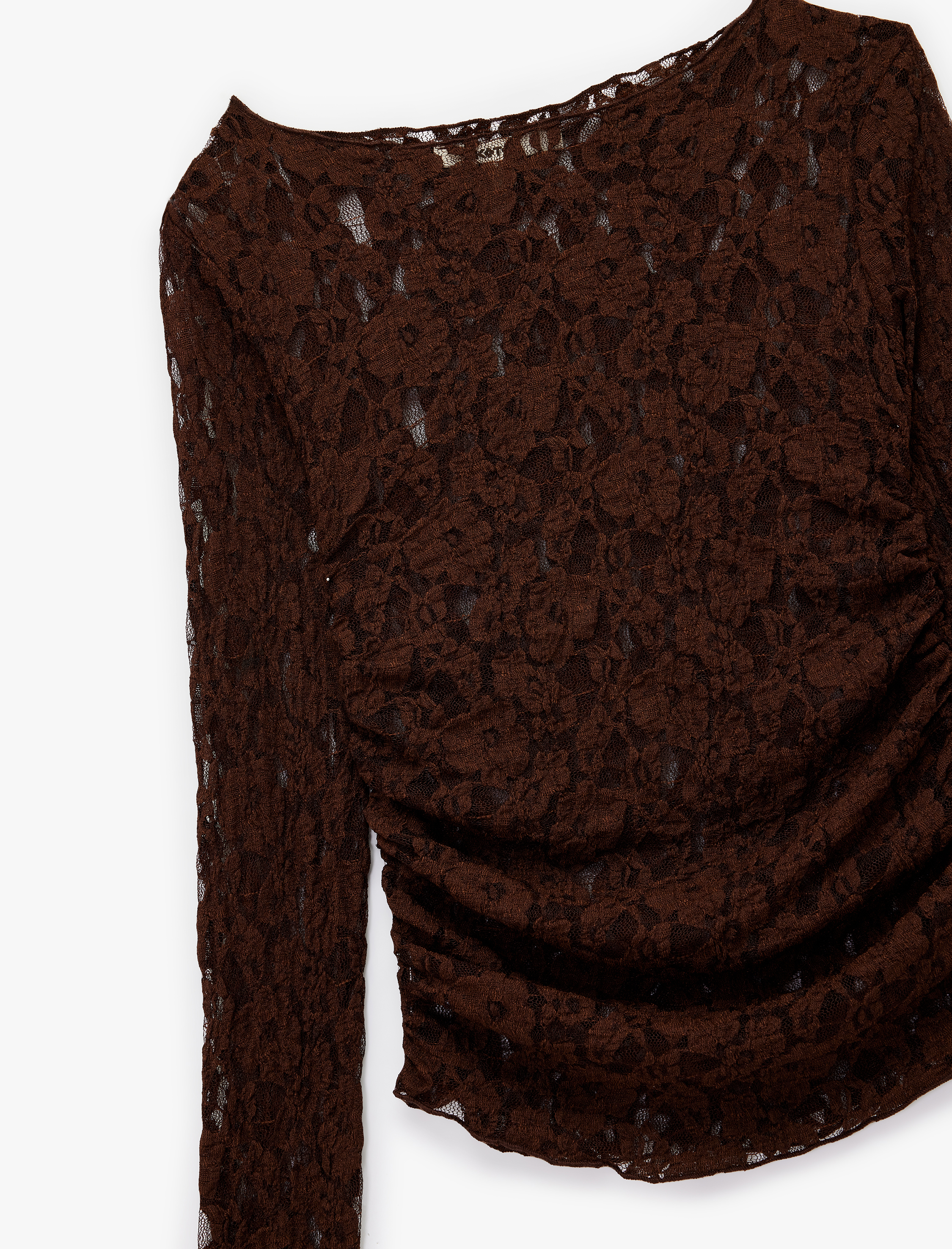   Yarı Transparan Uzun Kollu Kayık Yaka Dantel Bluz