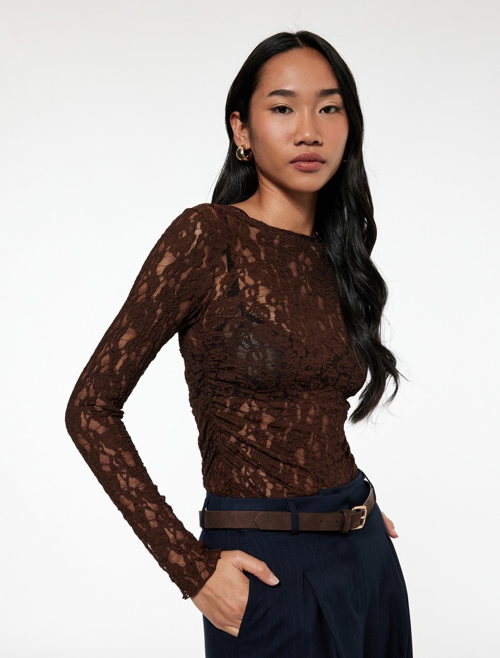  Yarı Transparan Uzun Kollu Kayık Yaka Dantel Bluz