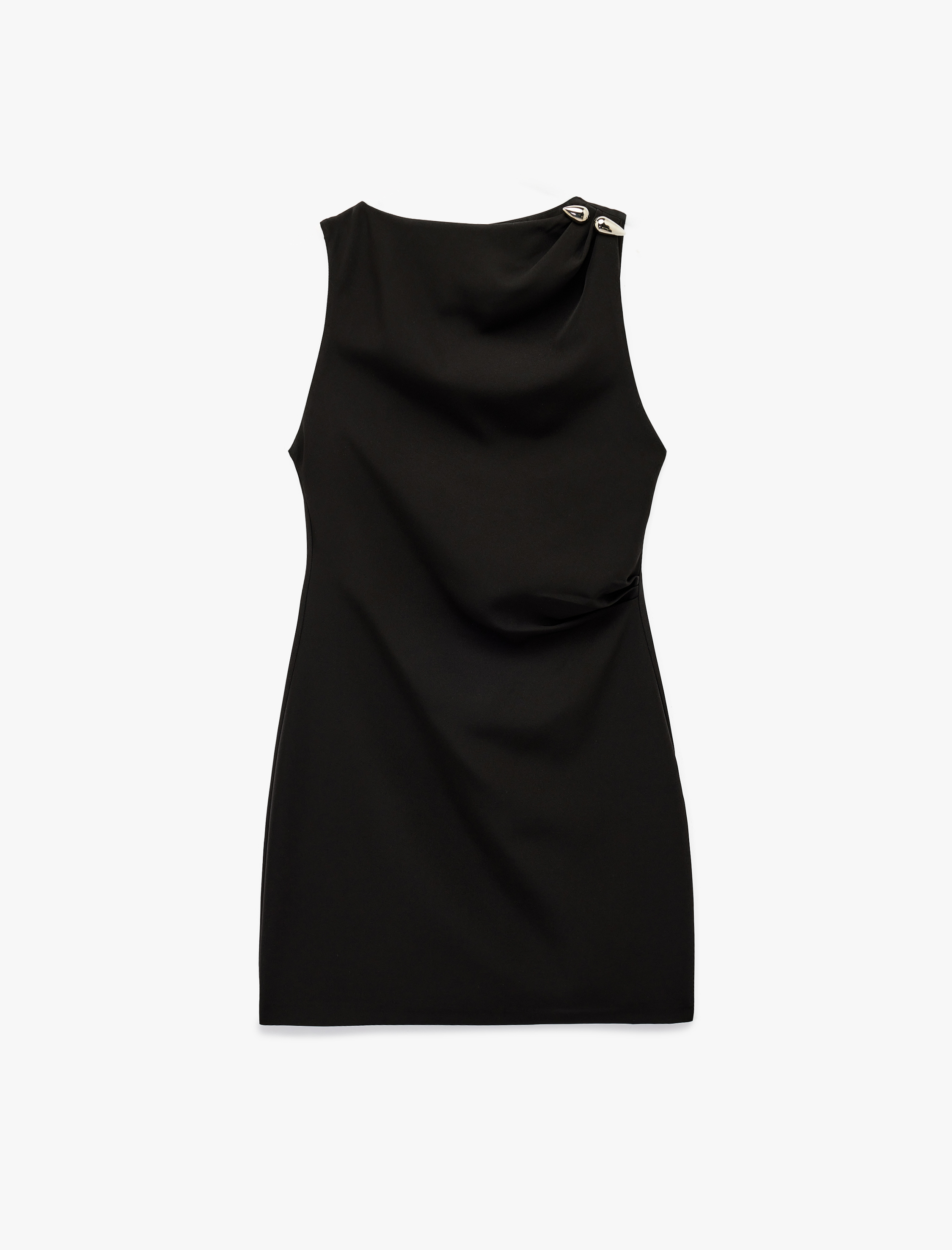   Metal Aksesuarlı A Kesim Kayık Yaka Kolsuz Mini Elbise