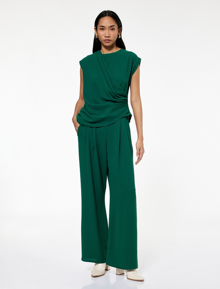  Bisiklet Yaka Asimetrik Kruvaze Krep Kolsuz Bluz