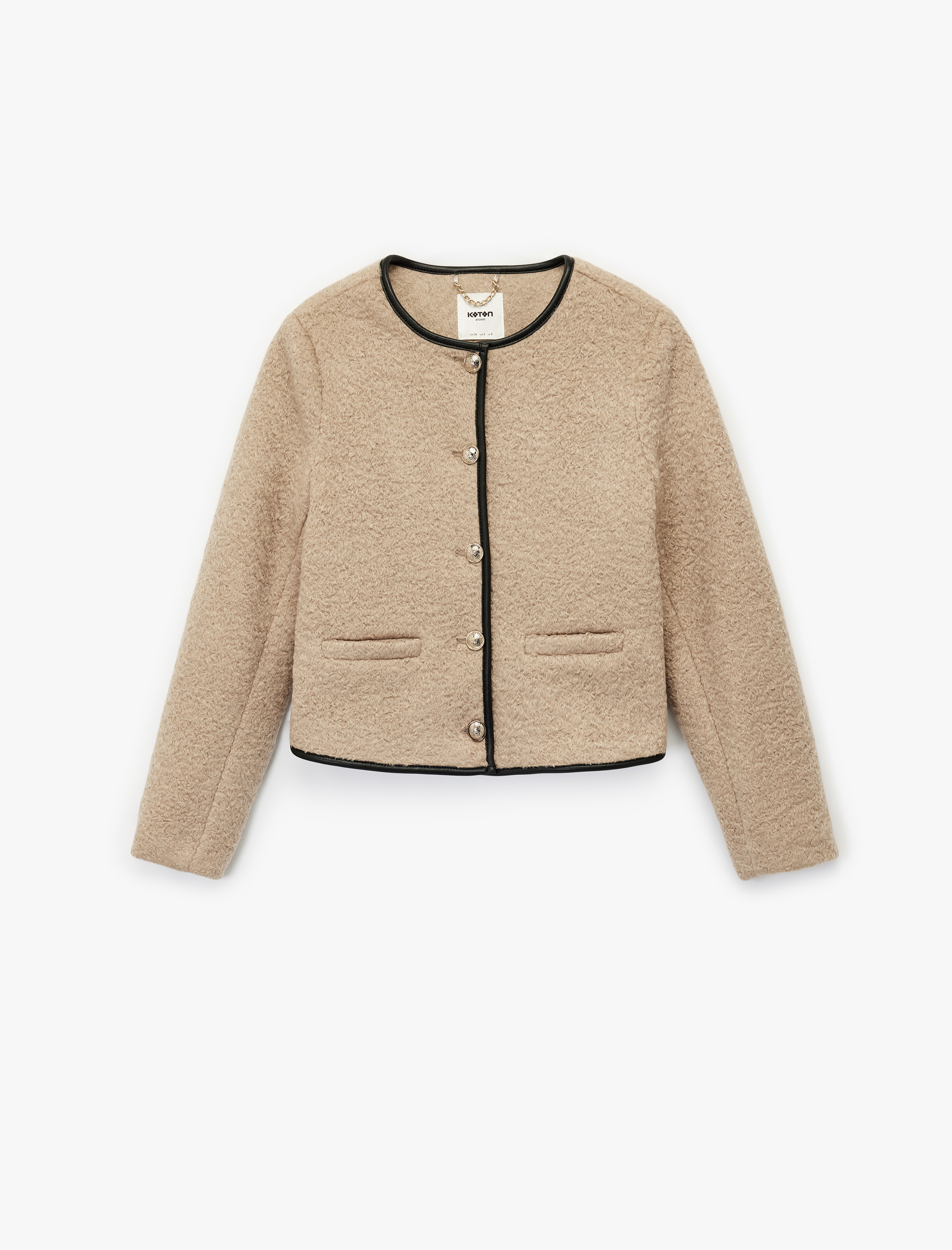   Uzun Kollu Düğmeli Bisiklet Yaka Buklet Crop Ceket