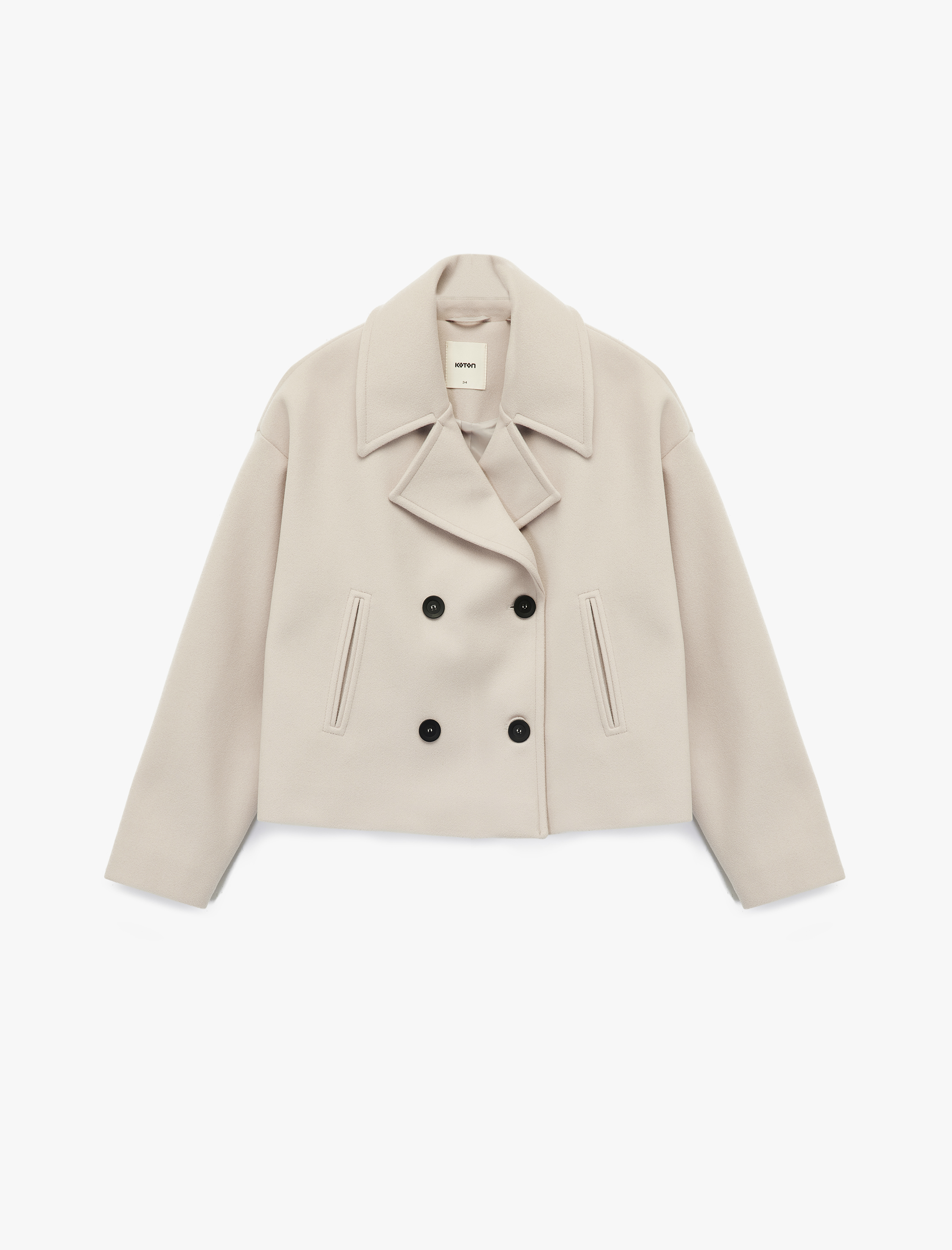 Düğmeli Cepli Uzun Kollu Kruvaze Crop Kaşe Ceket