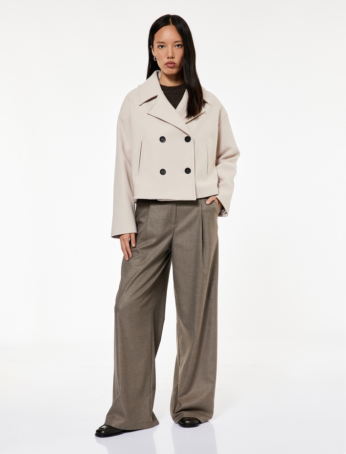  Düğmeli Cepli Uzun Kollu Kruvaze Crop Kaşe Ceket