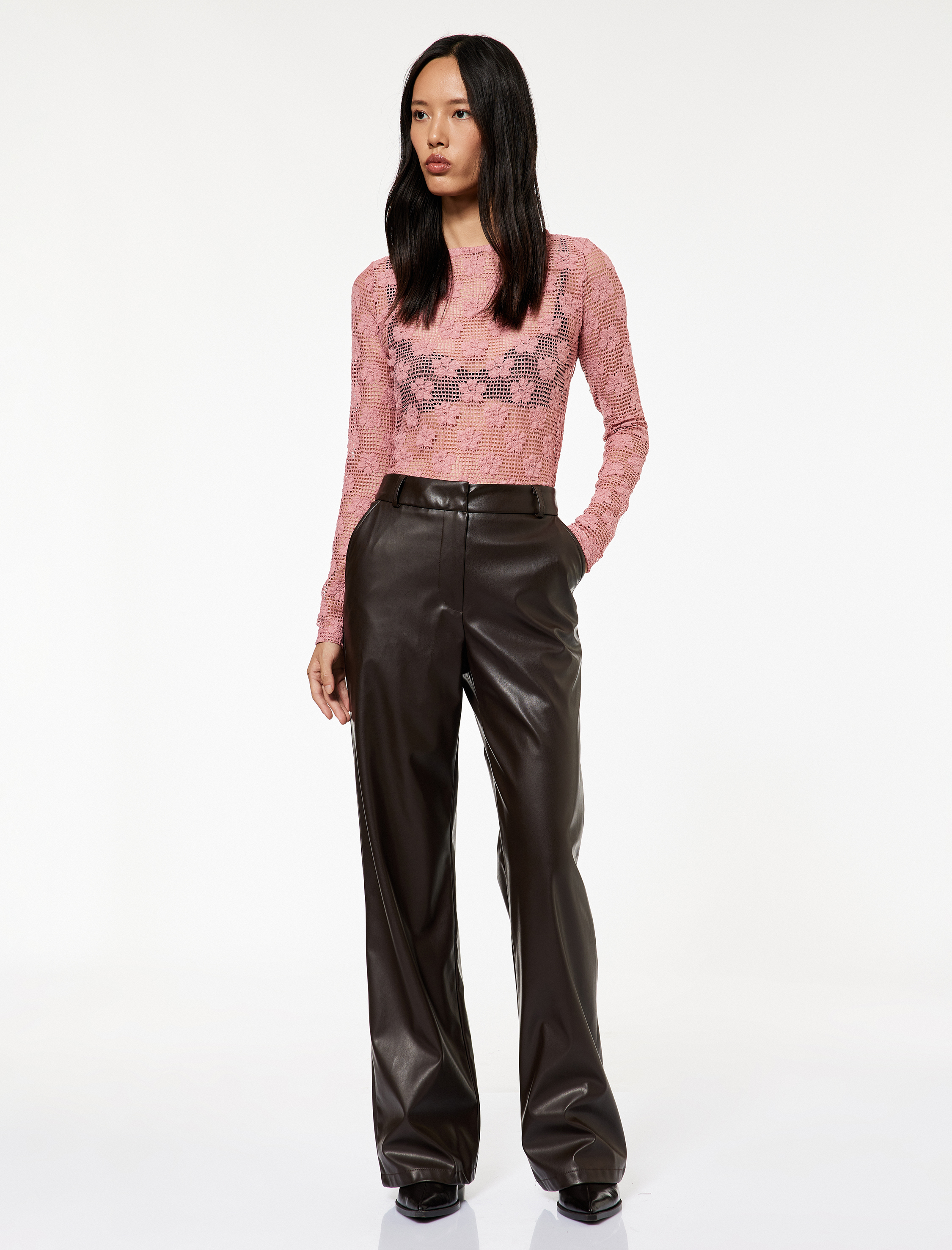   Transparan Uzun Kollu Bisiklet Yaka Çiçekli Dantelli Bluz