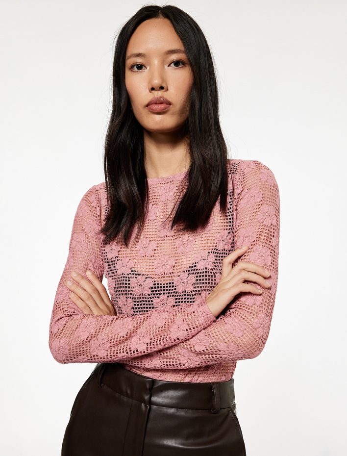  Transparan Uzun Kollu Bisiklet Yaka Çiçekli Dantelli Bluz