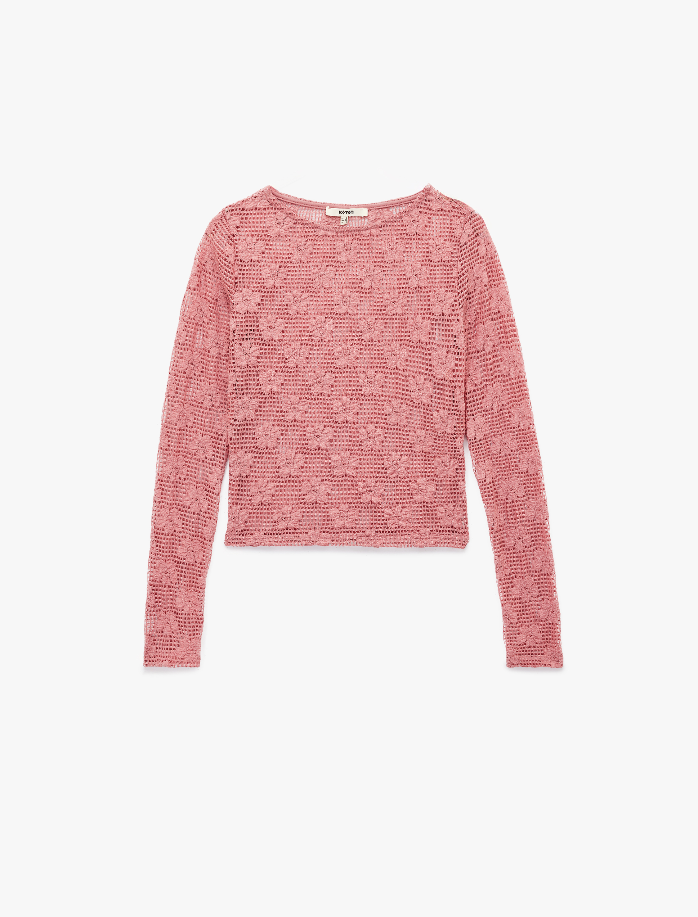   Transparan Uzun Kollu Bisiklet Yaka Çiçekli Dantelli Bluz