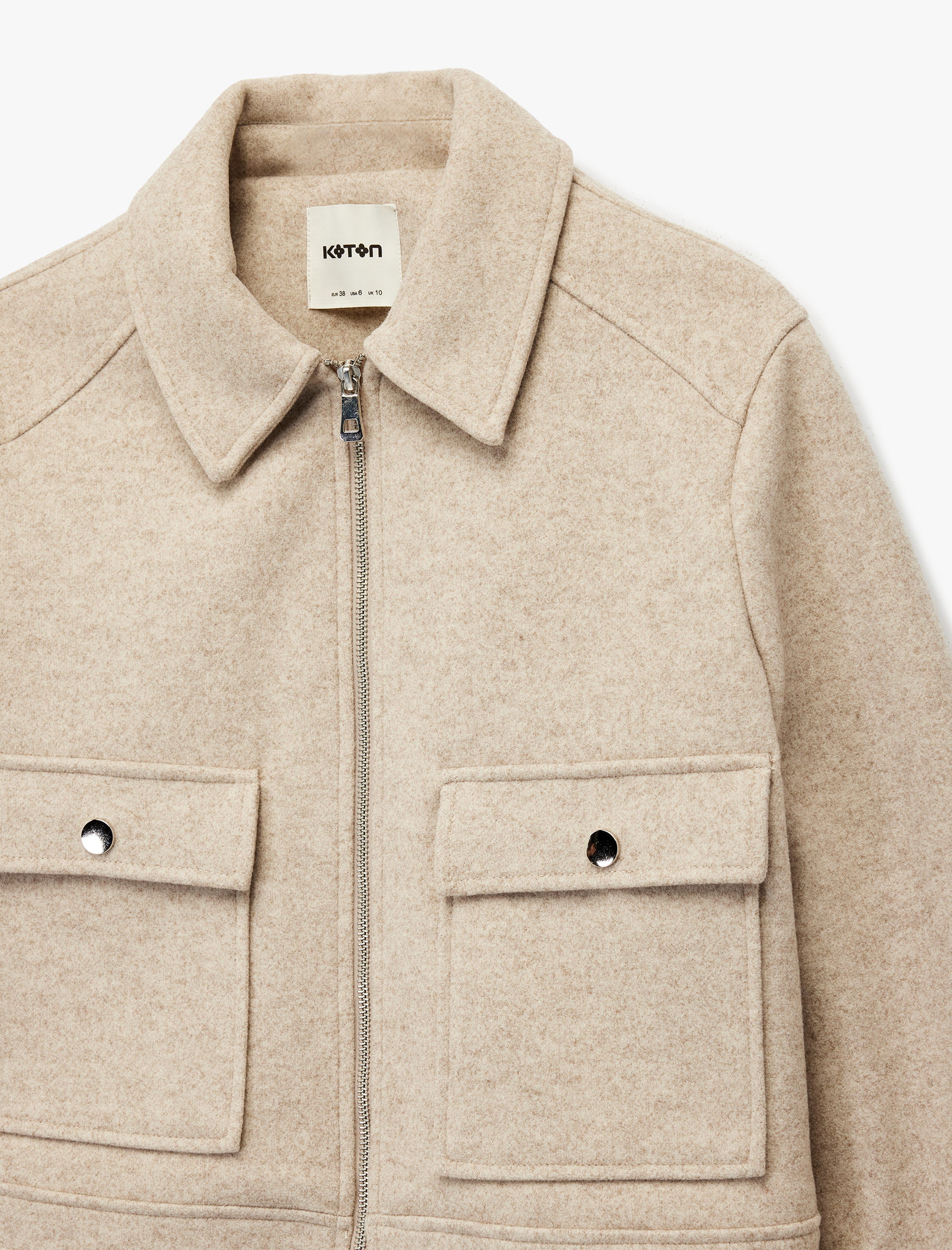   Kısa Kaban Kaşe Cepli Uzun Kollu Fermuarlı