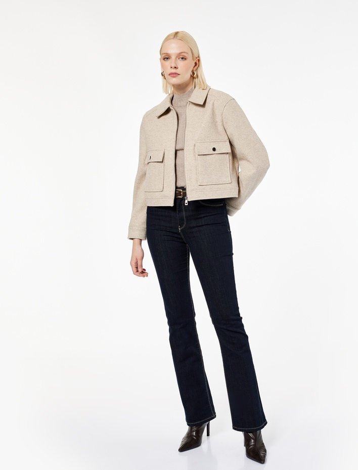  Cepli Uzun Kollu Fermuarlı Crop Kaşe Mont