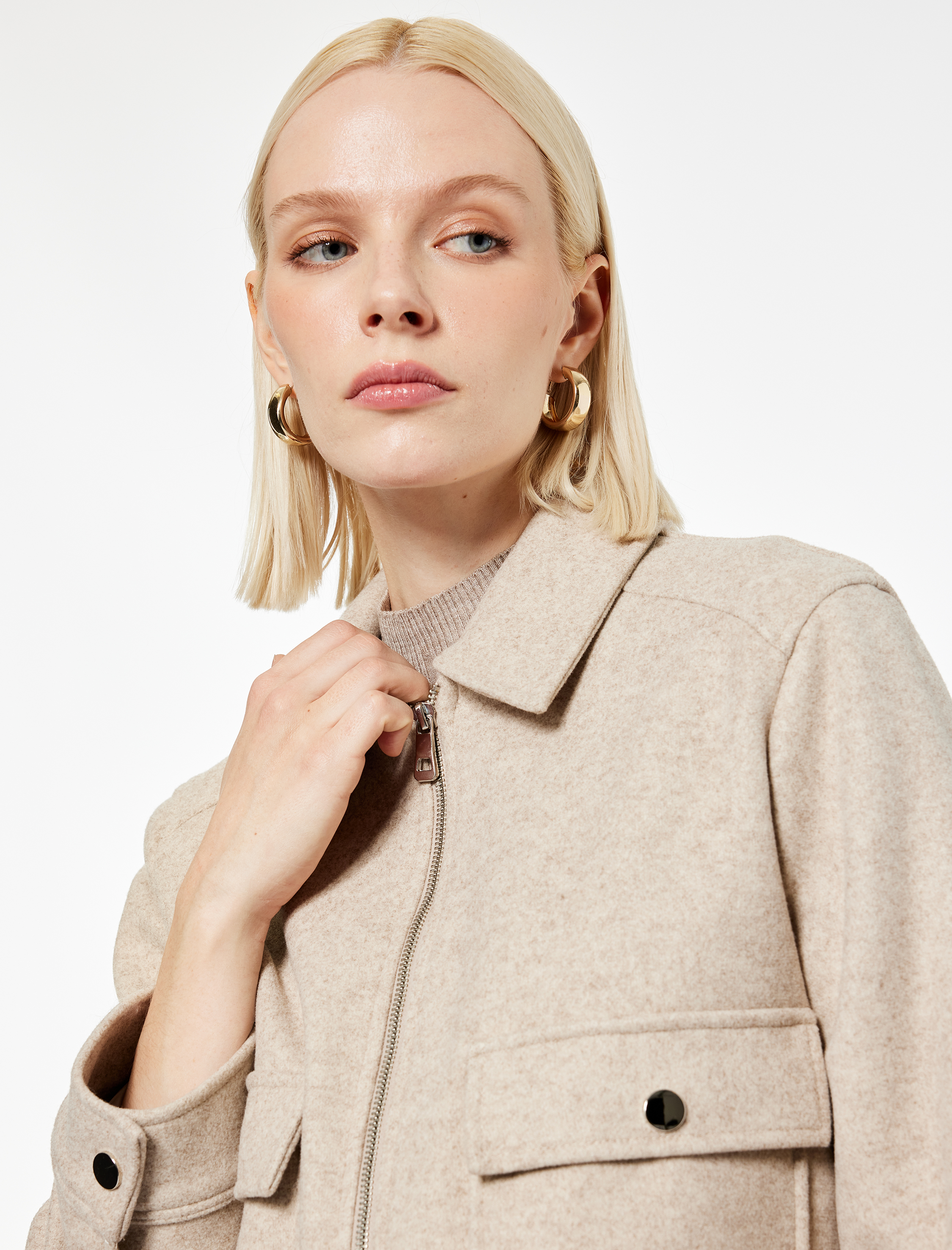   Kısa Kaban Kaşe Cepli Uzun Kollu Fermuarlı