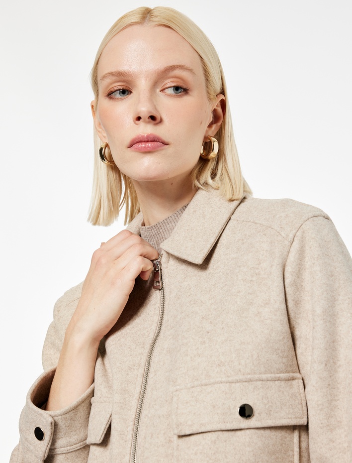  Cepli Uzun Kollu Fermuarlı Crop Kaşe Mont