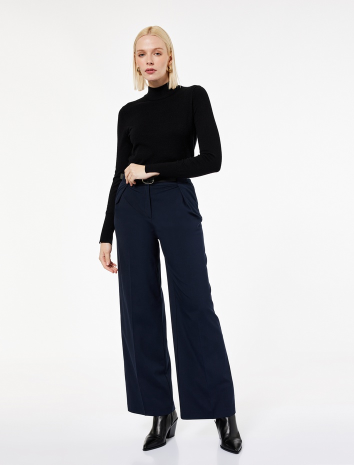  Viskon Karışımlı Yüksek Bel Kemerli Geniş Paça Kumaş Pantolon