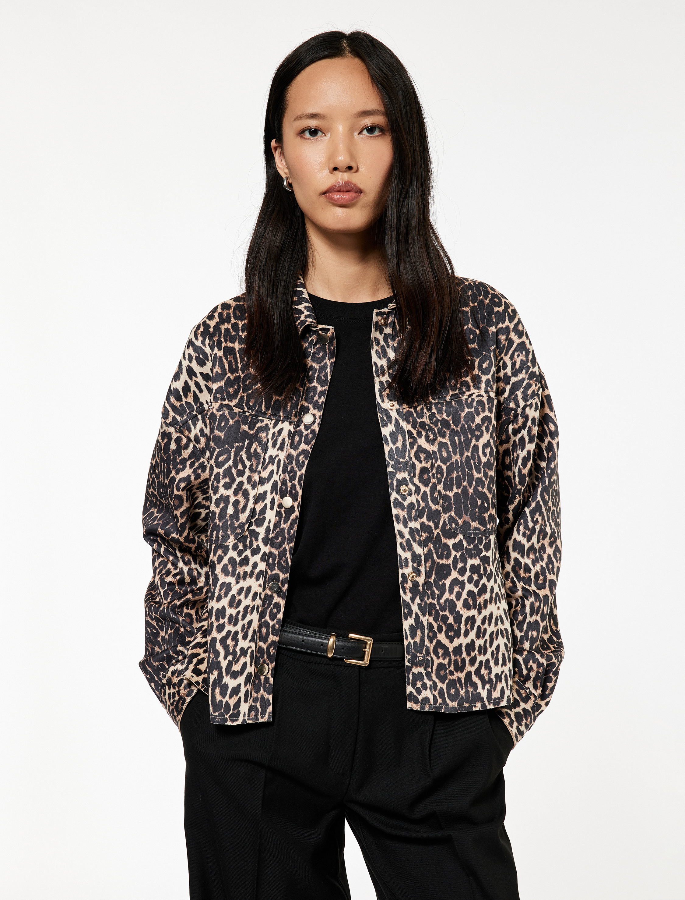   Uzun Kollu Leopar Desenli Suni Süet Ceket