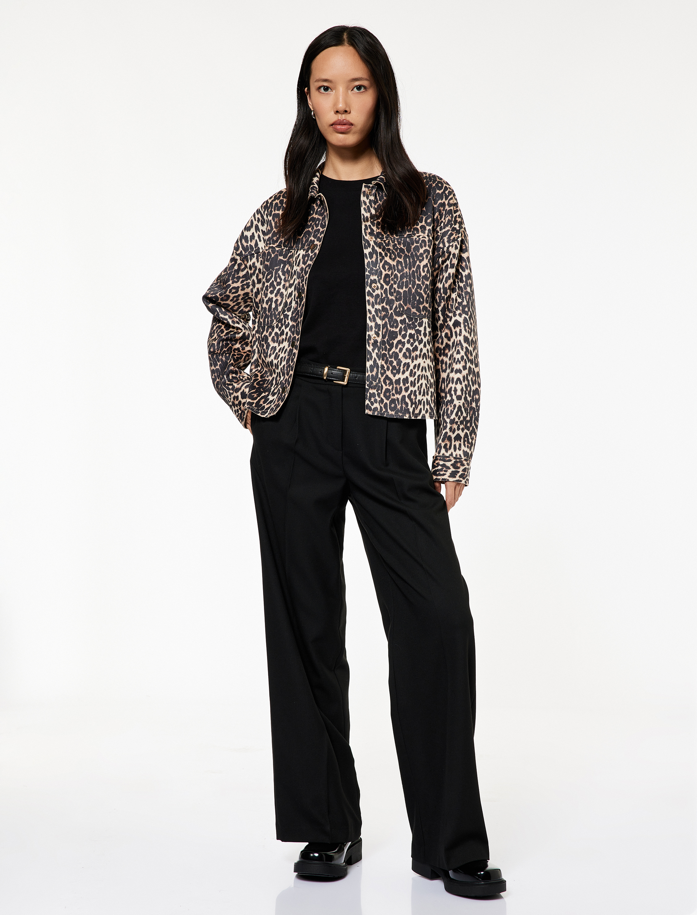   Uzun Kollu Leopar Desenli Suni Süet Ceket