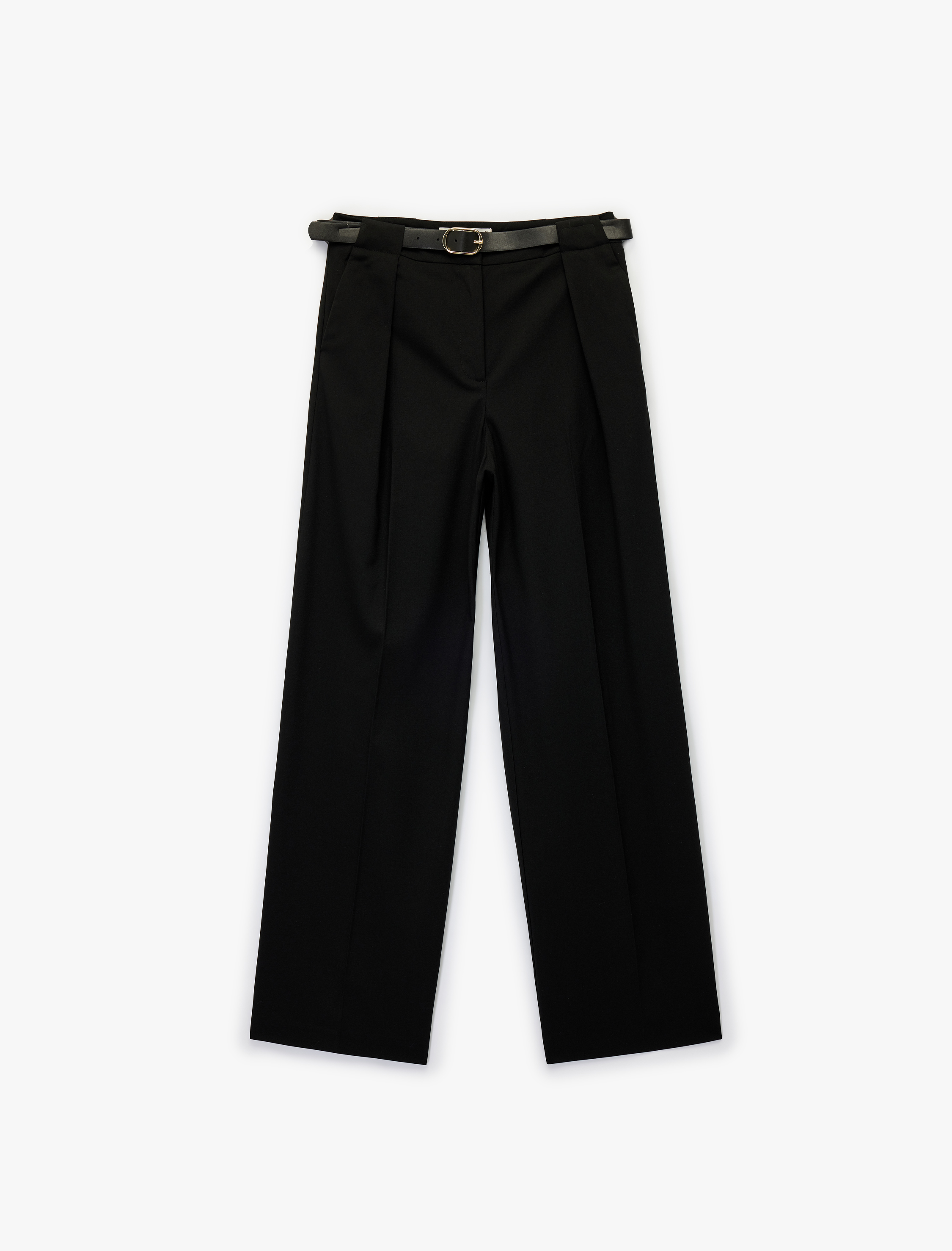   Viskon Karışımlı Yüksek Bel Kemerli Geniş Paça Kumaş Pantolon