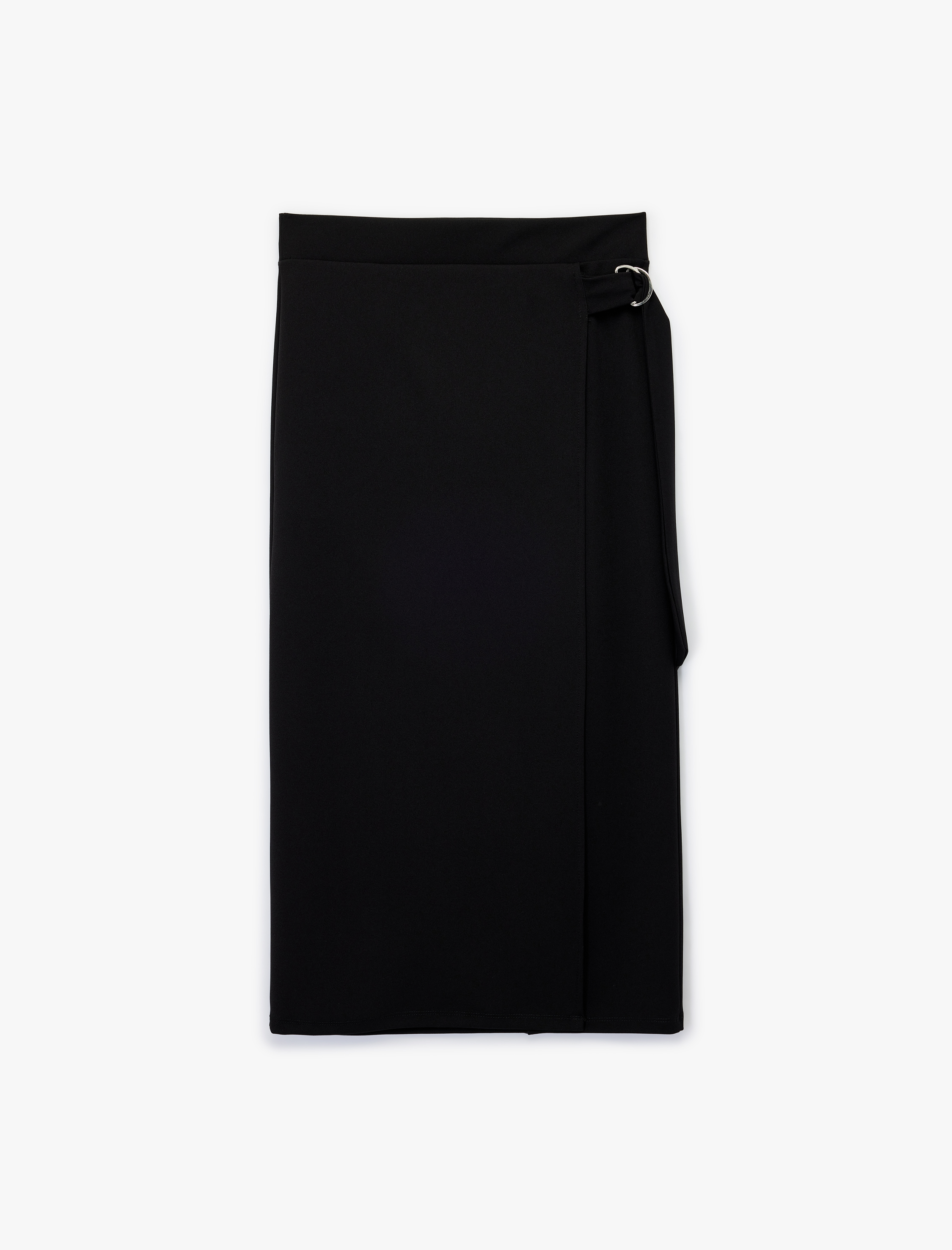   Krep Scuba Kumaş Metal Aksesuarlı Midi Kruvaze Etek