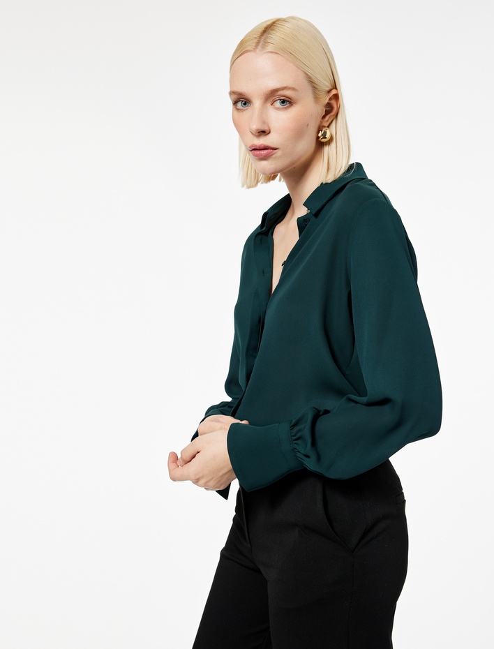  Klasik Yaka Düğmeli Uzun Kollu Krep Gömlek