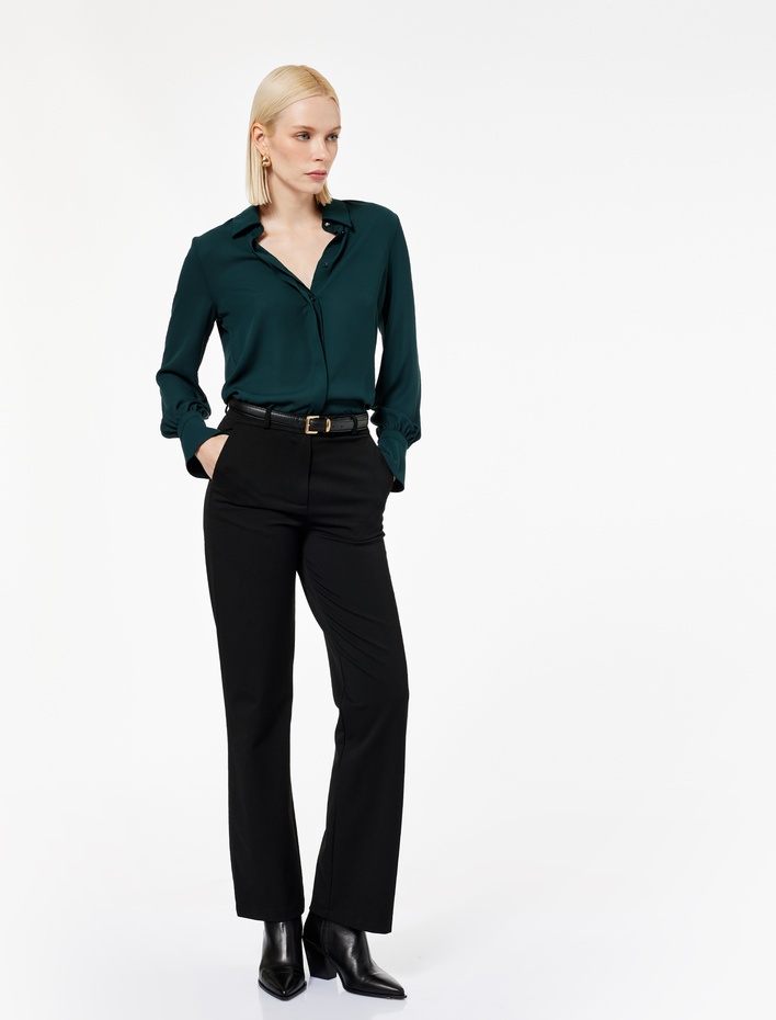  Klasik Yaka Düğmeli Uzun Kollu Krep Gömlek