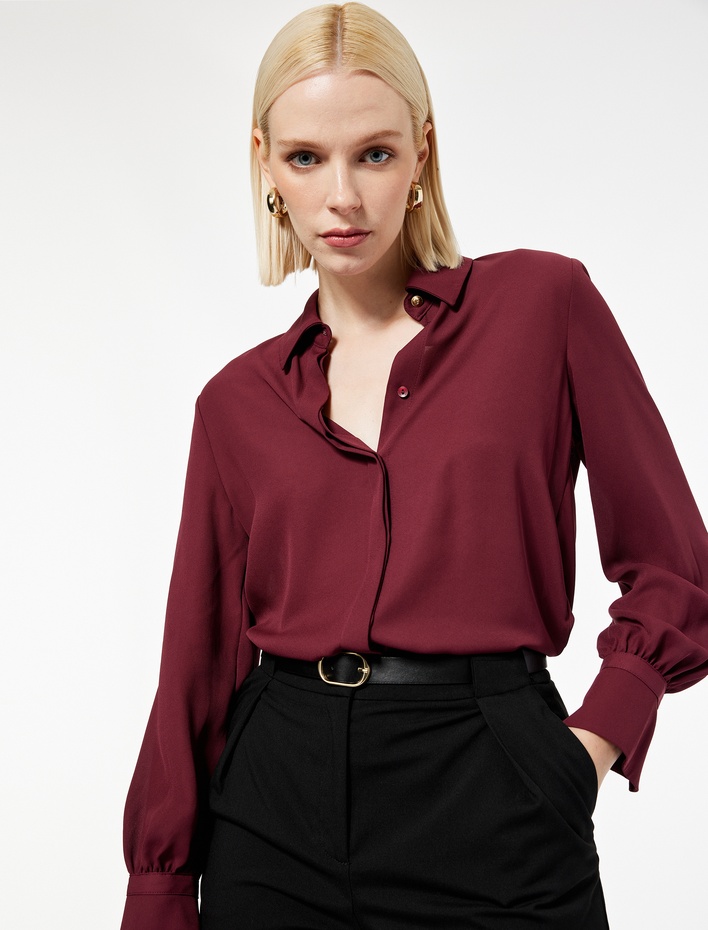  Klasik Yaka Düğmeli Uzun Kollu Krep Gömlek