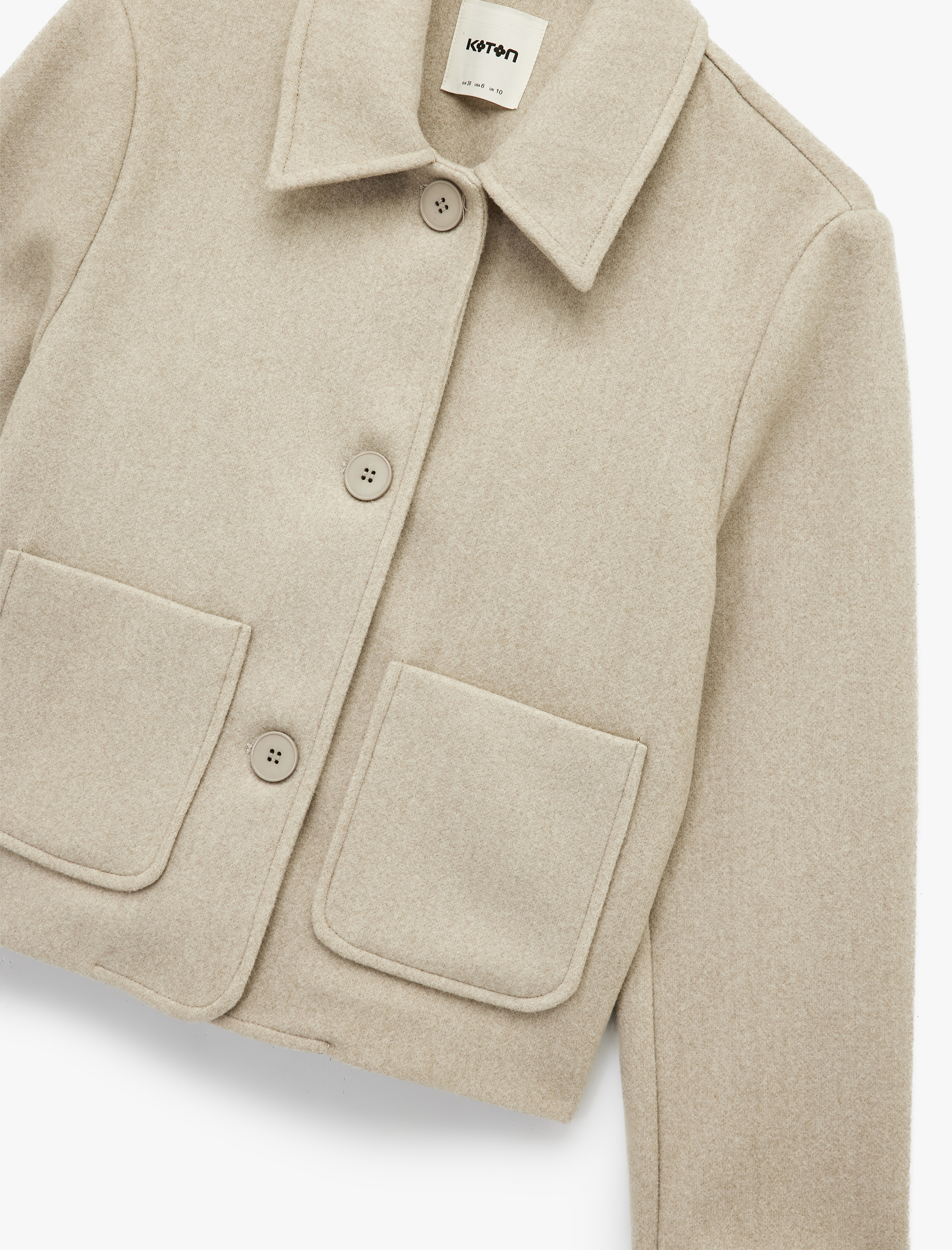   Gömlek Yaka Cepli Uzun Kollu Kaşe Crop Ceket