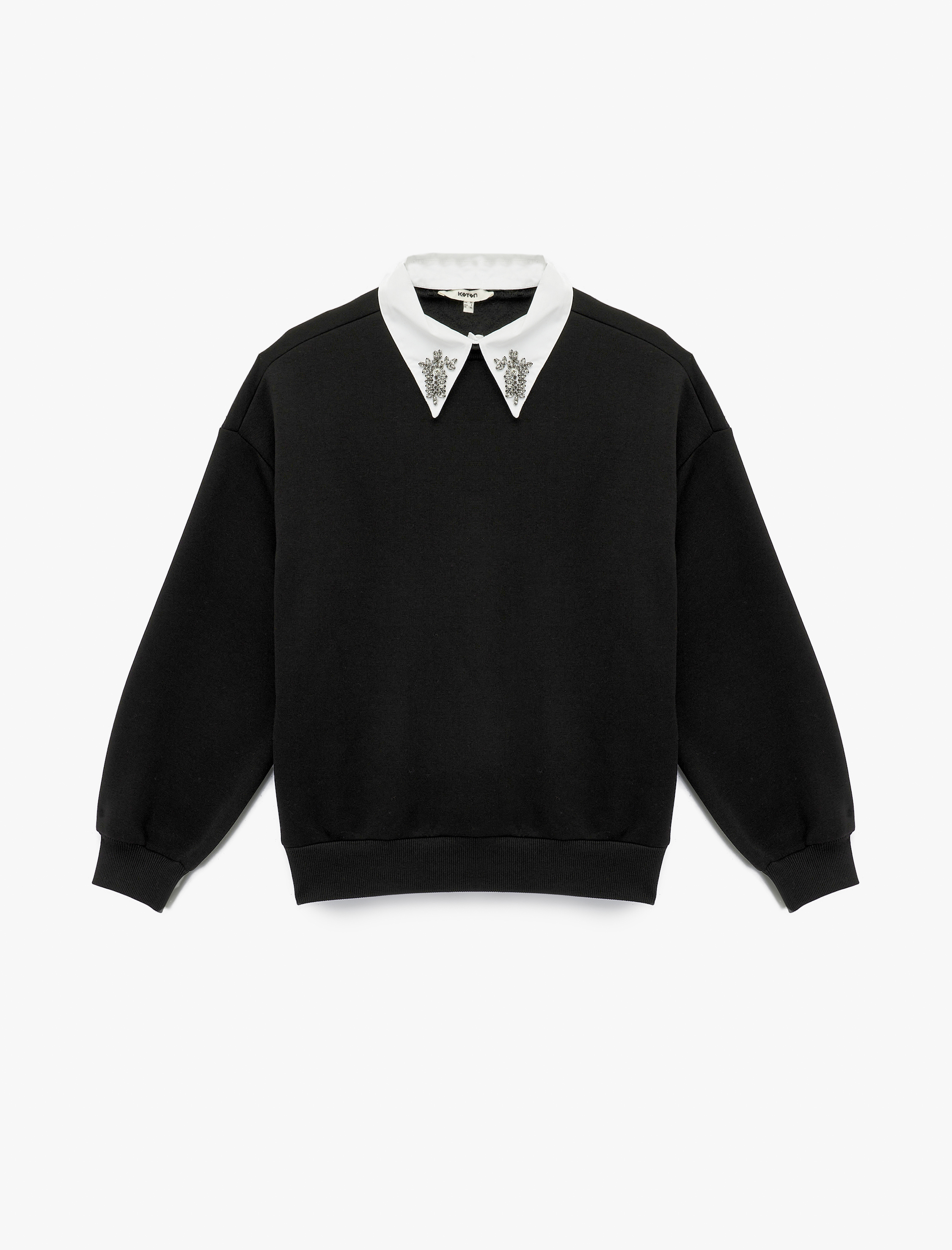   Üç İplik Uzun Kollu Taş Detaylı Gömlek Yaka Sweatshirt