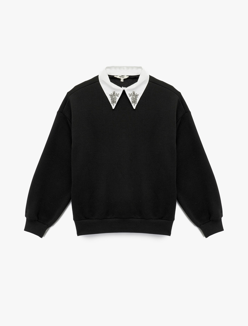   Üç İplik Uzun Kollu Taş Detaylı Gömlek Yaka Sweatshirt