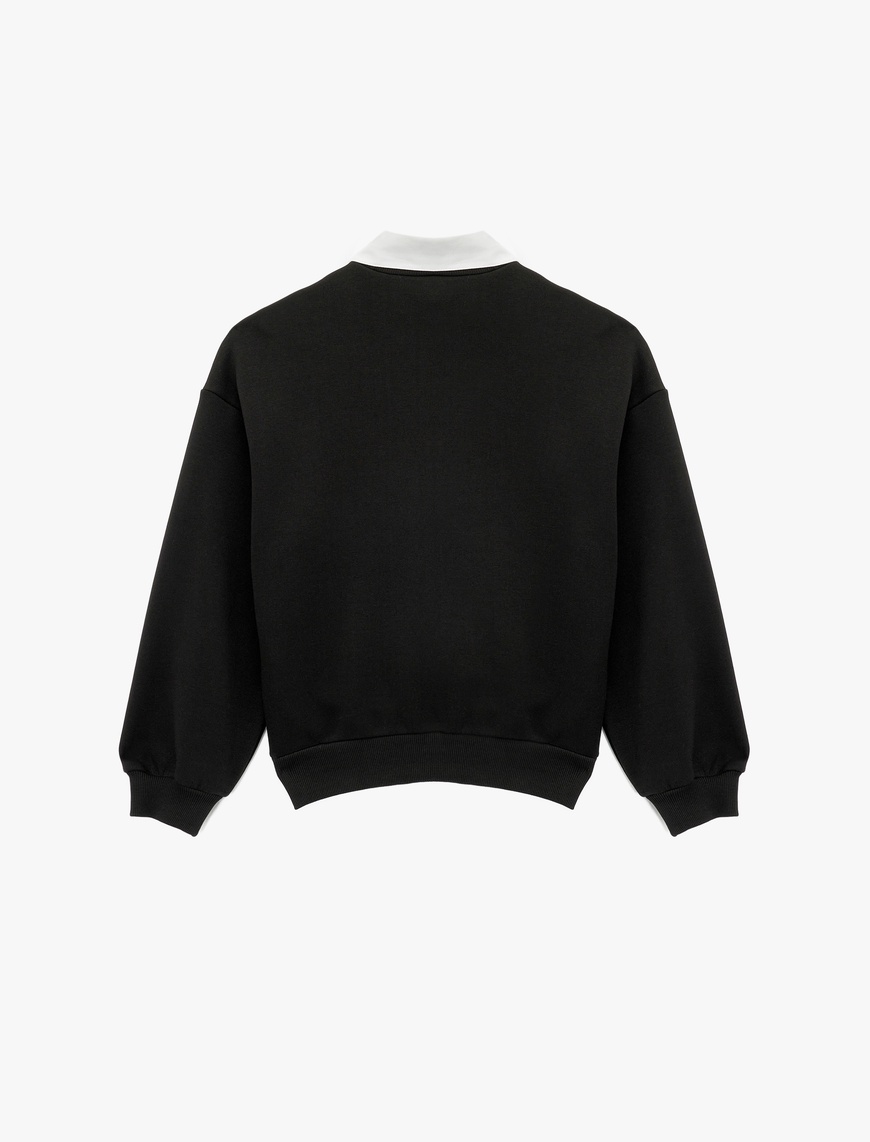   Üç İplik Uzun Kollu Taş Detaylı Gömlek Yaka Sweatshirt