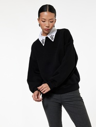 Üç İplik Uzun Kollu Taş Detaylı Gömlek Yaka Sweatshirt