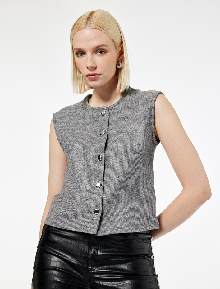  Slim Fit Kolsuz Bisiklet Yaka Düğmeli Hırka