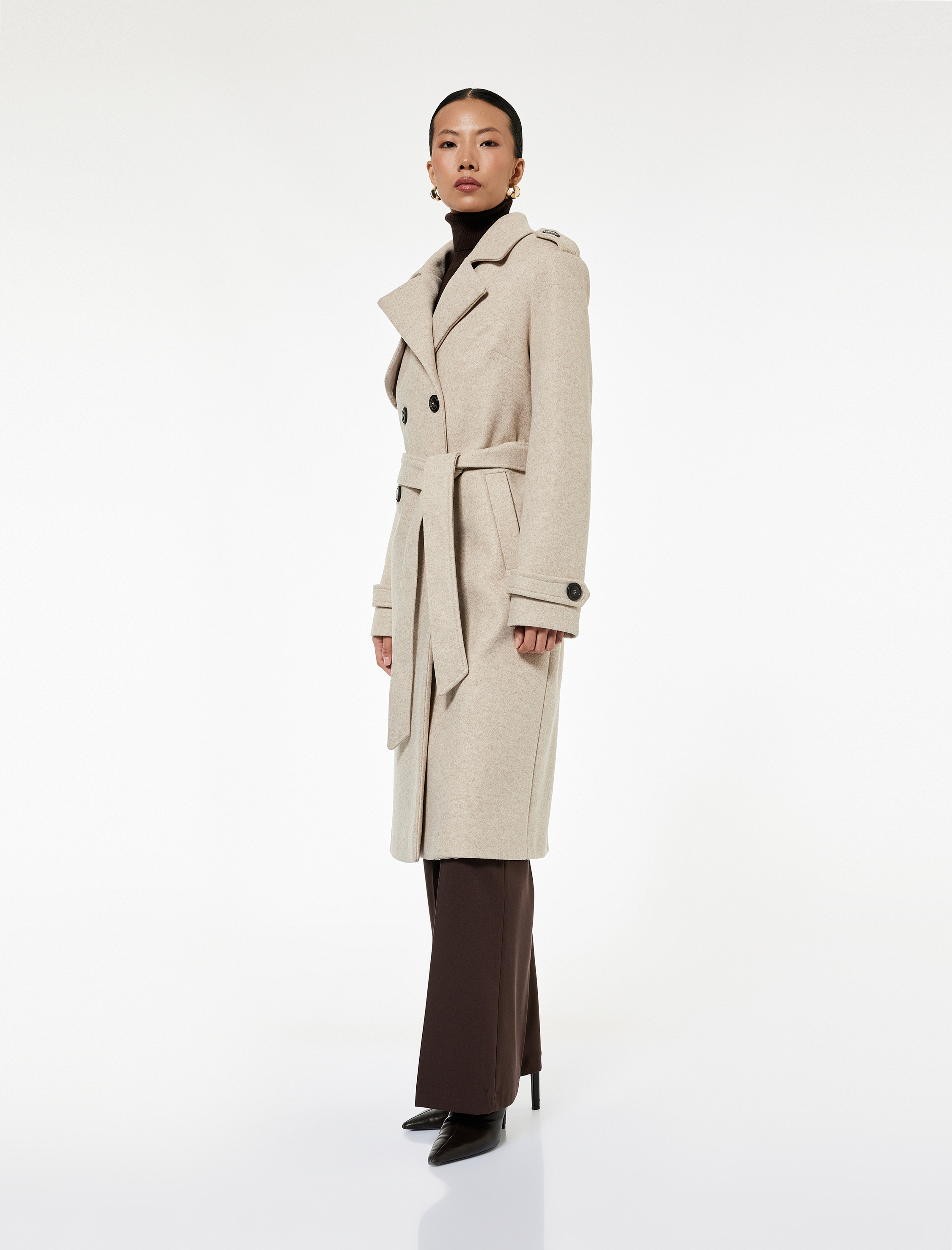   Uzun Kollu Kruvaze Kemerli Uzun Kaşe Kaban