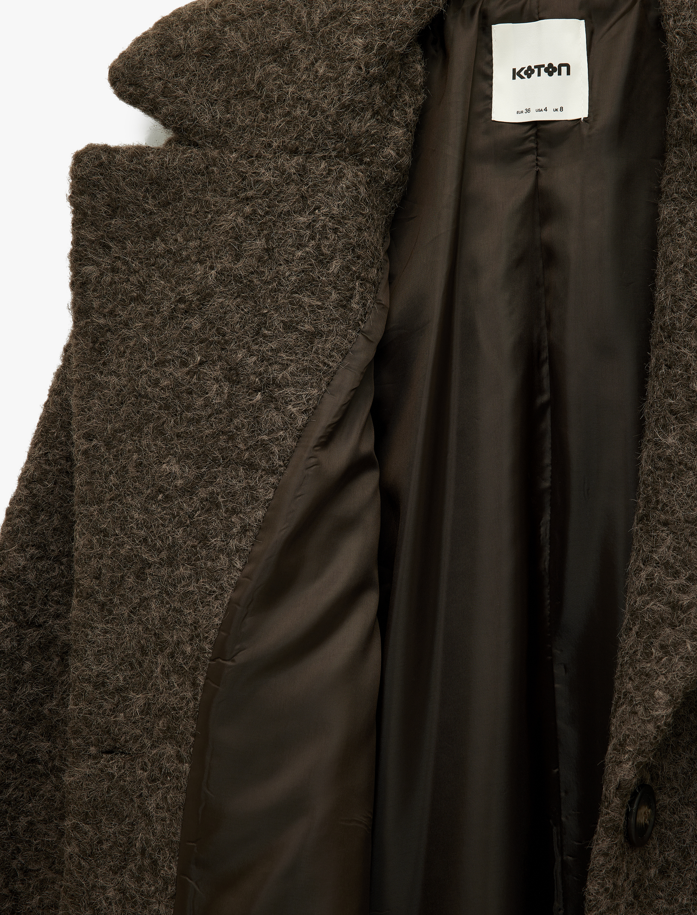   Uzun Kollu Cepli Düğmeli Kruvaze Uzun Buklet Kaban