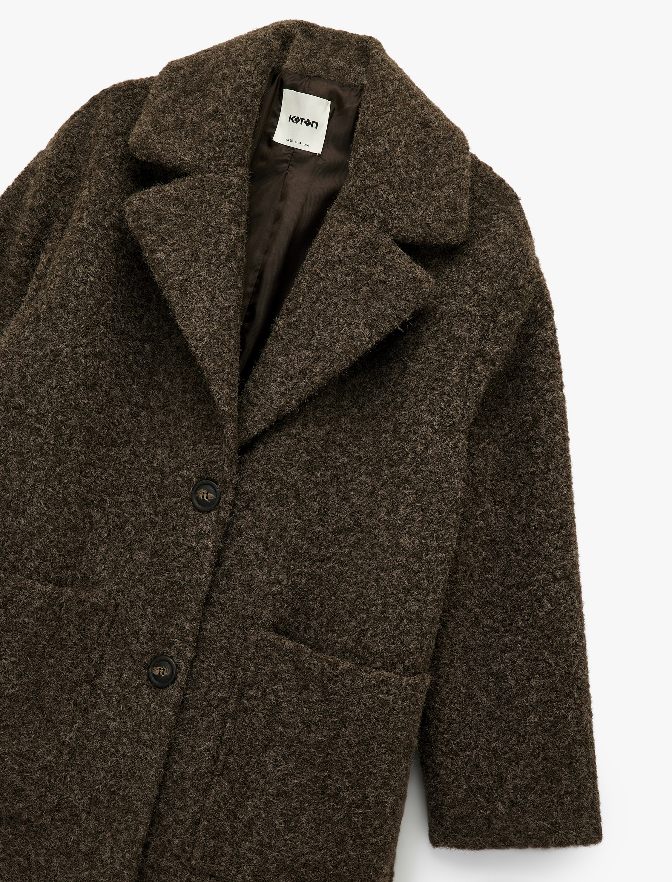   Uzun Kollu Cepli Düğmeli Kruvaze Uzun Buklet Kaban