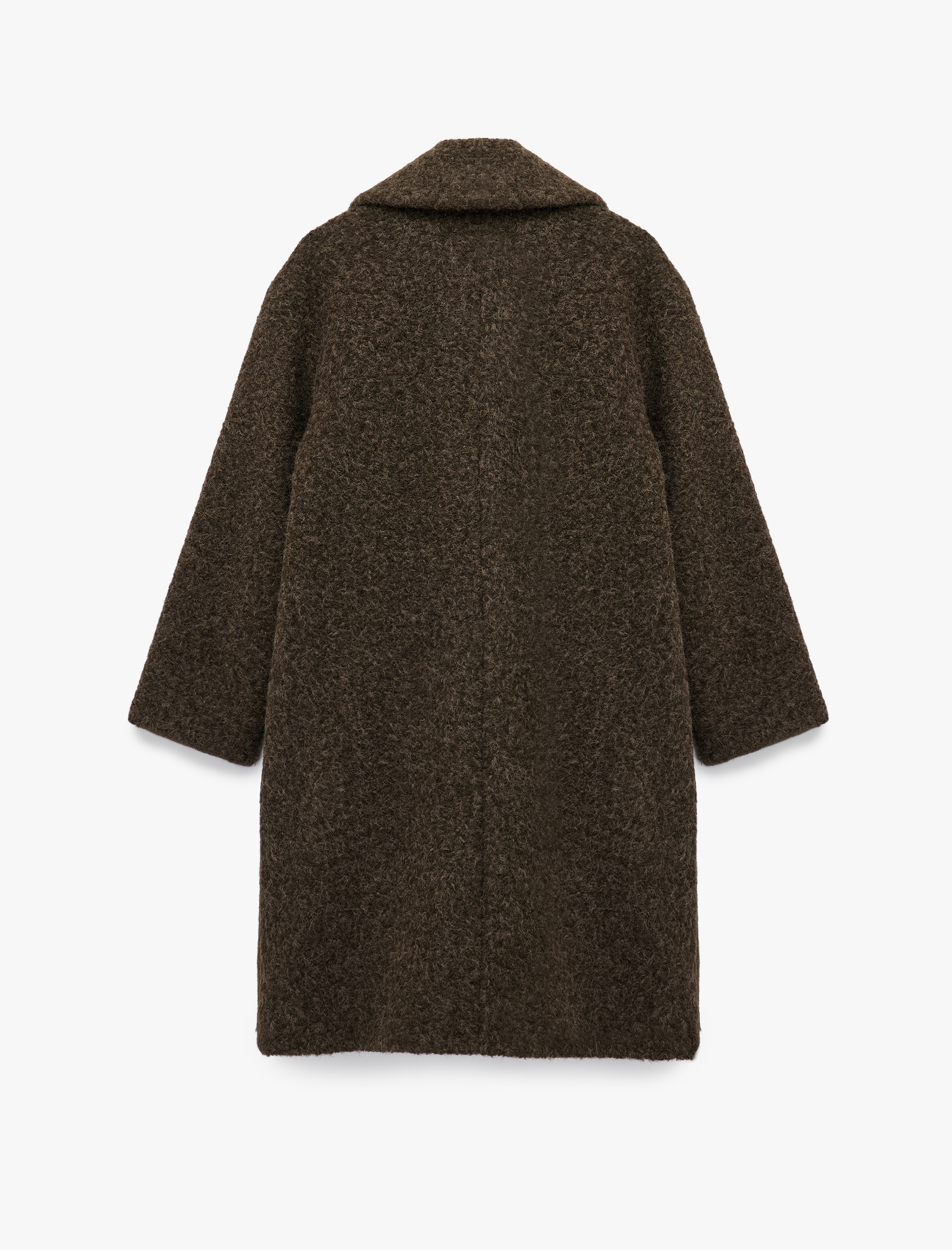   Uzun Kollu Cepli Düğmeli Kruvaze Uzun Buklet Kaban