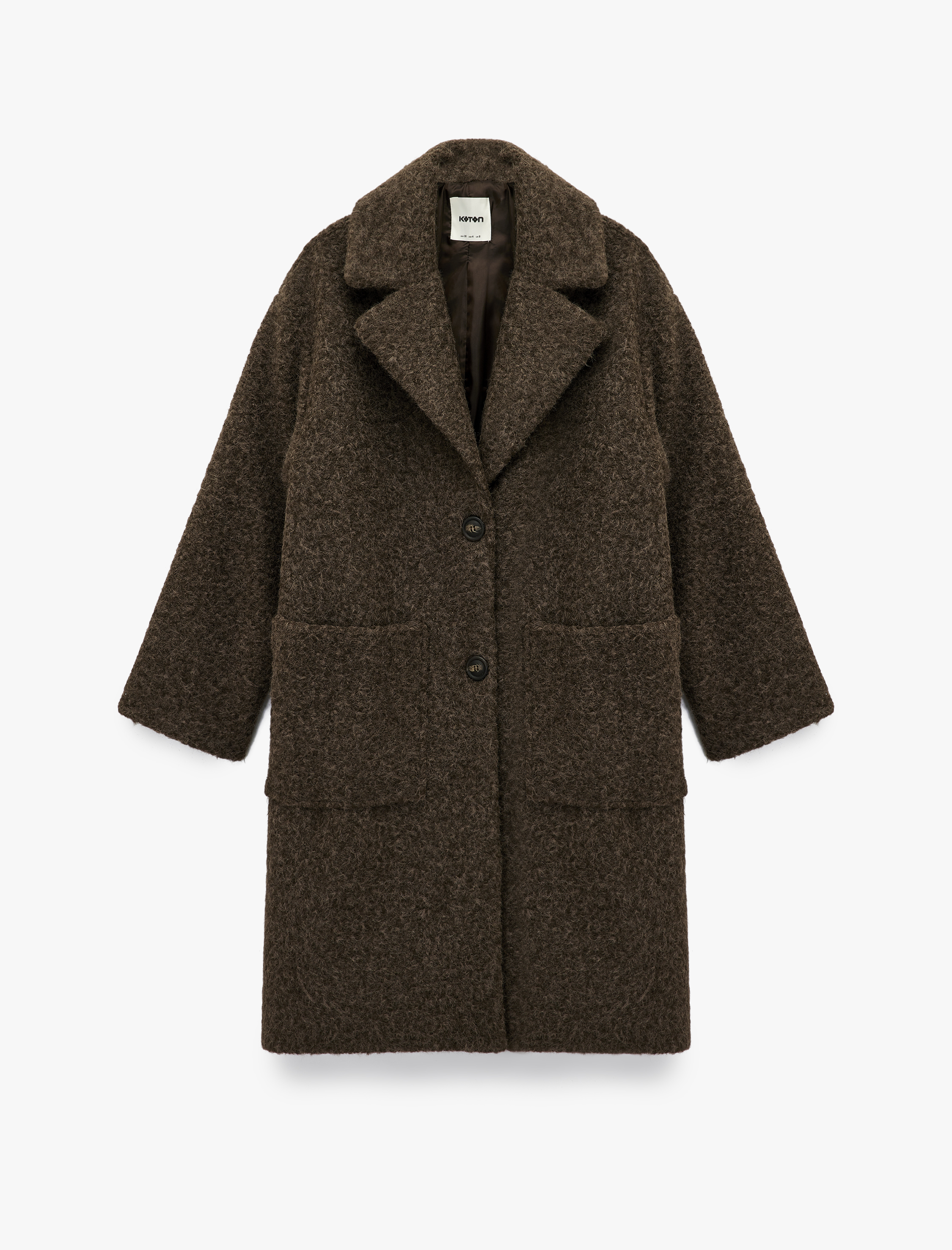   Uzun Kollu Cepli Düğmeli Kruvaze Uzun Buklet Kaban