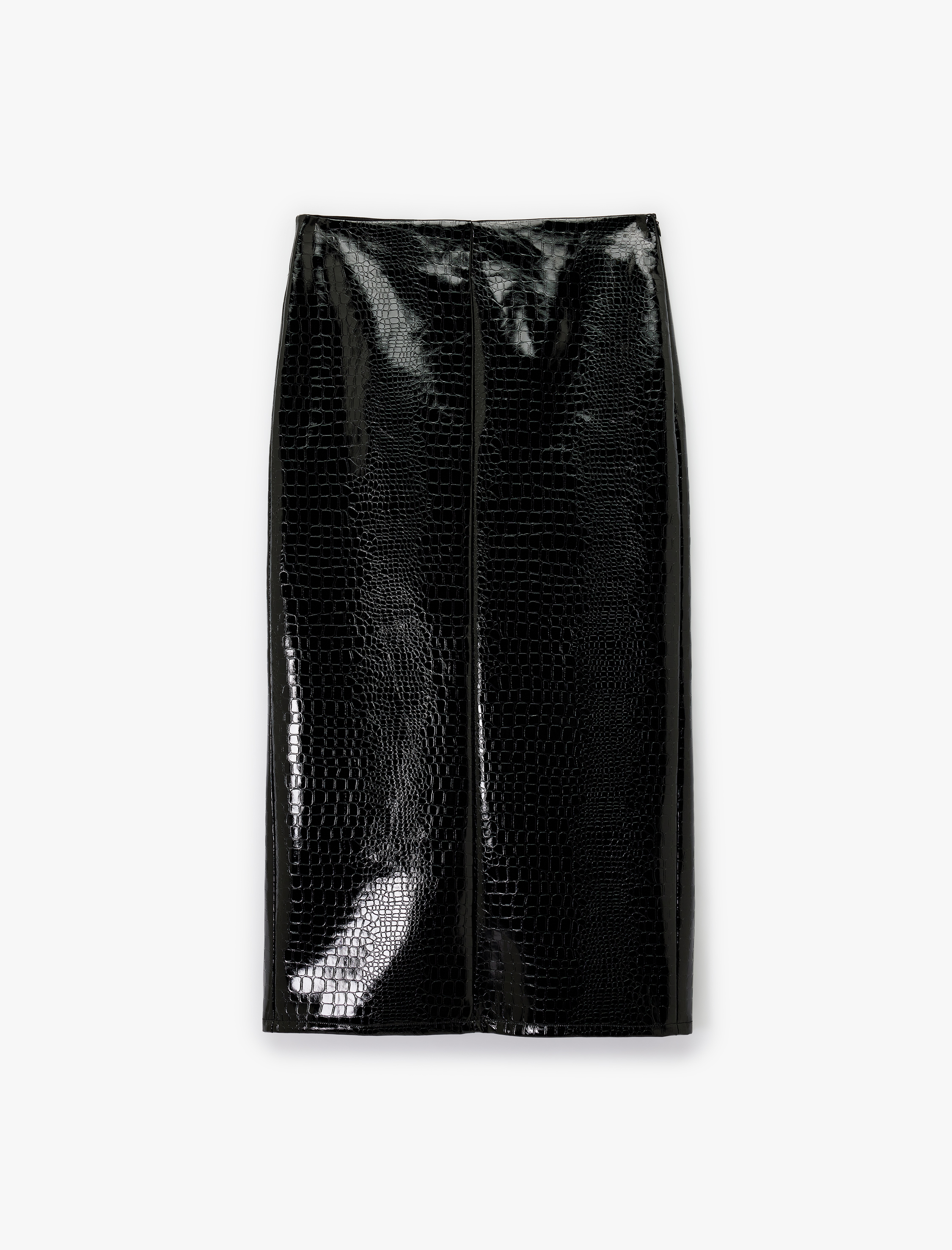   Suni Deri Kroko Görünümlü Ön Yırtmaç Detaylı Midi Kalem Etek