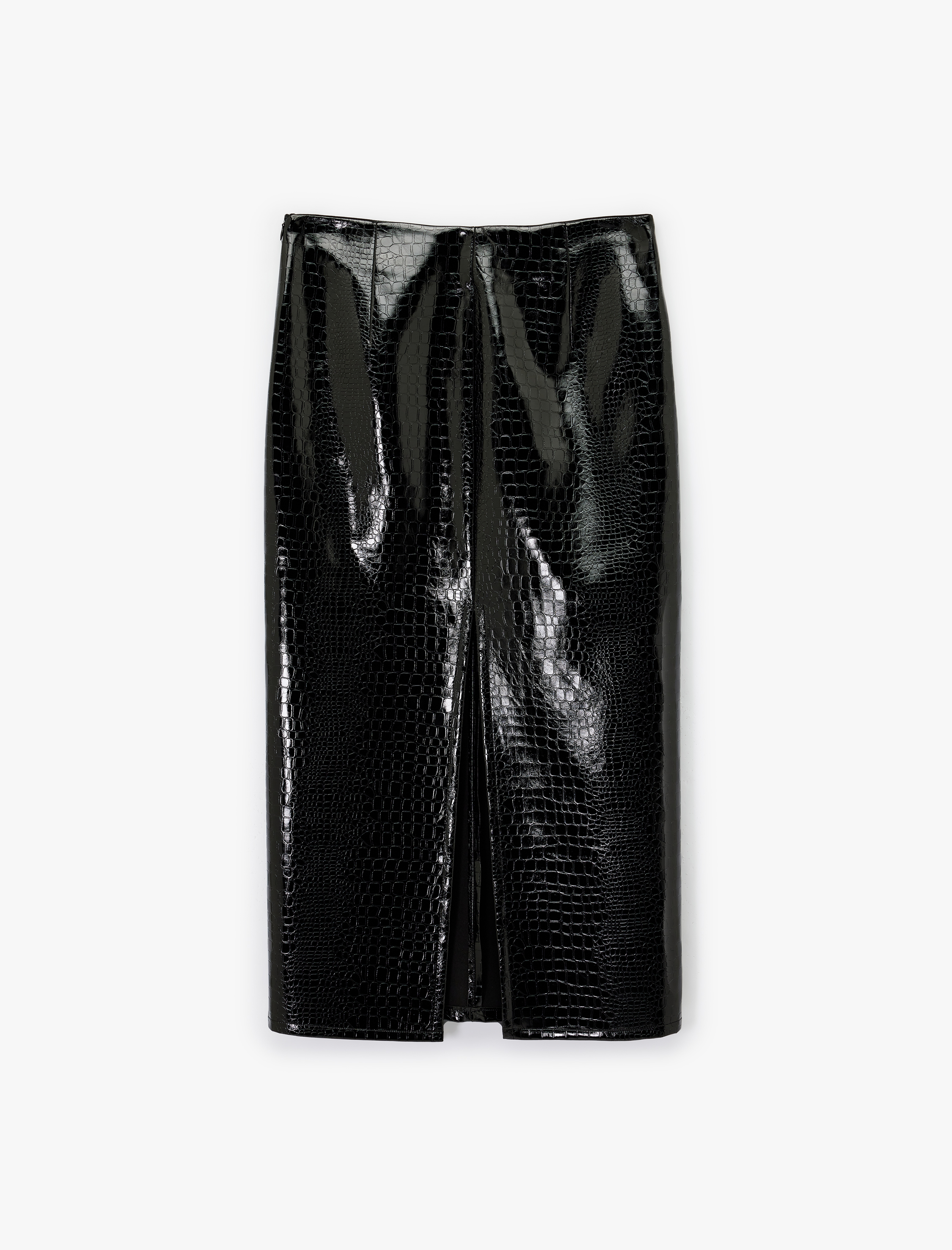   Suni Deri Kroko Görünümlü Ön Yırtmaç Detaylı Midi Kalem Etek