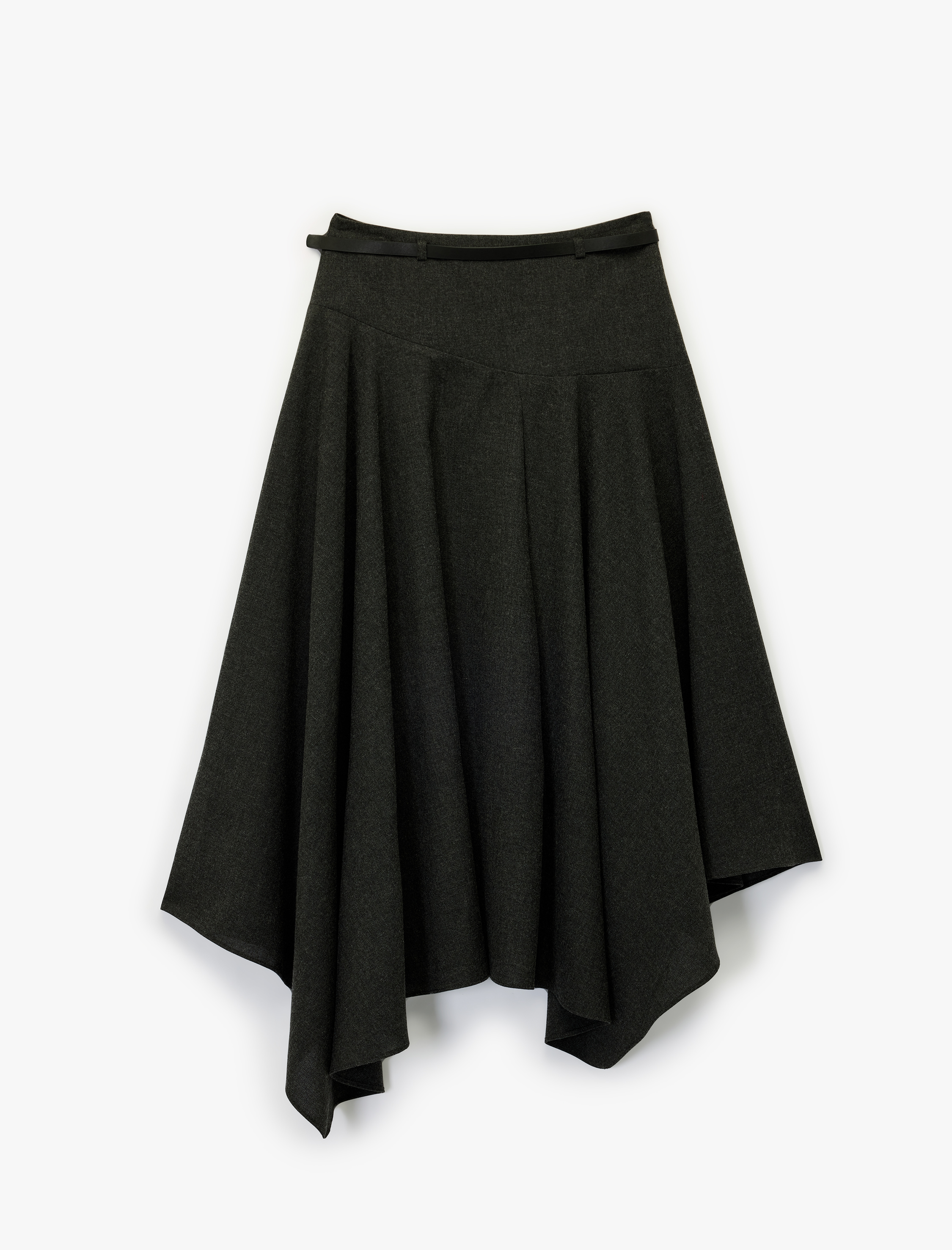   Asimetrik Uçlu Kemer Detaylı Volanlı Yün Karışımlı Kloş Midi Etek