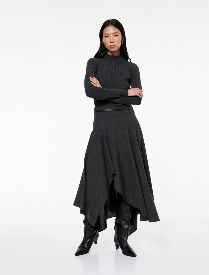  Asimetrik Uçlu Kemer Detaylı Volanlı Yün Karışımlı Kloş Midi Etek