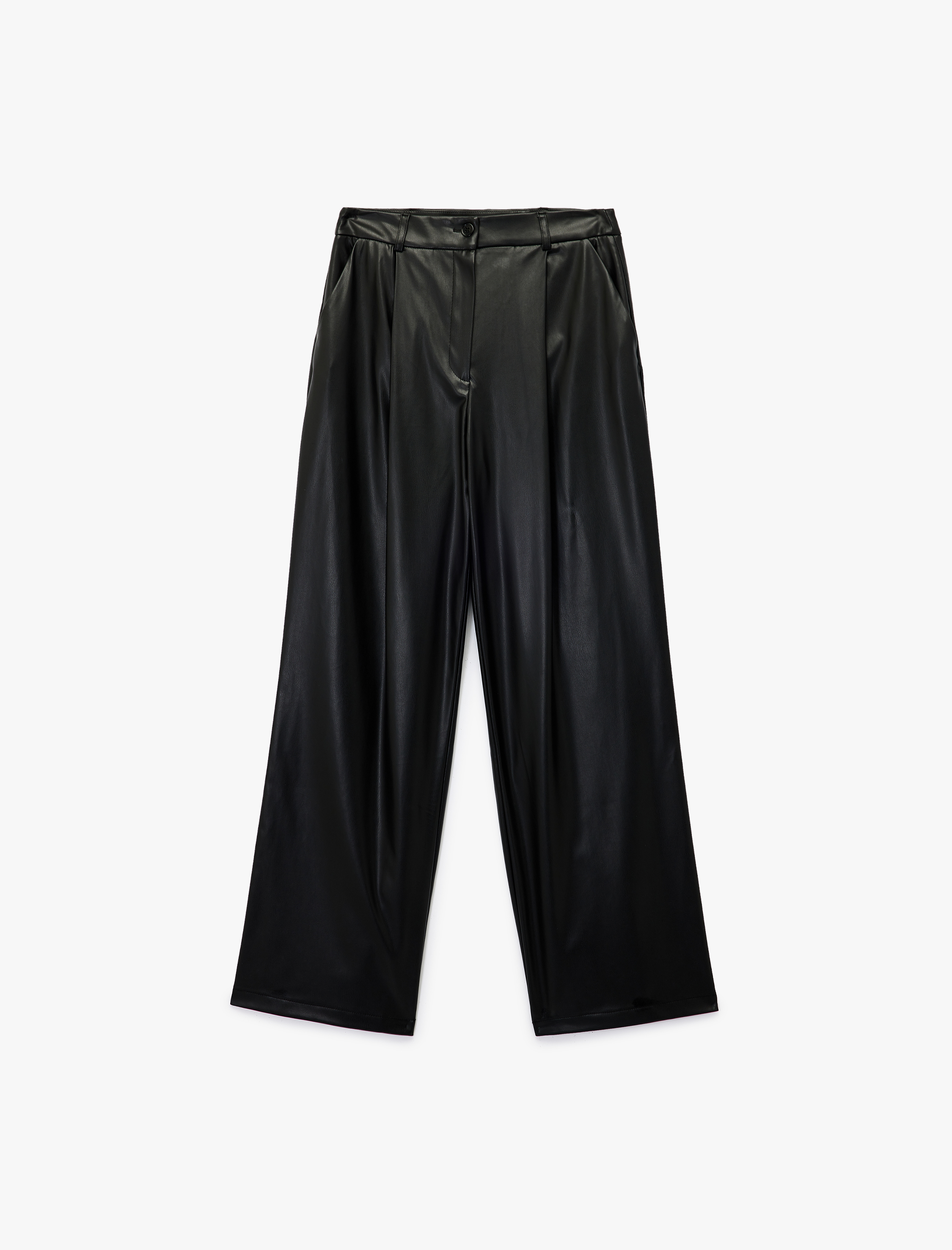   Yüksek Bel Cep Detaylı Palazzo Suni Deri Pantolon